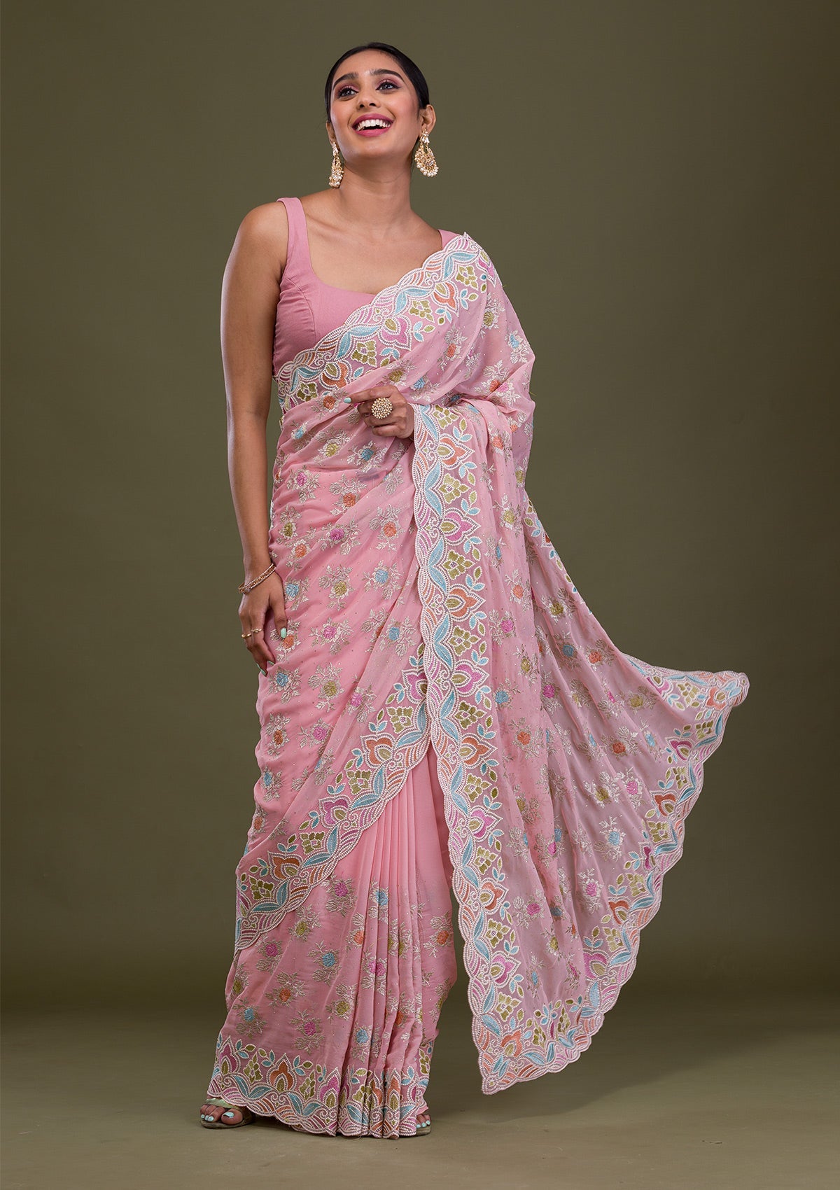 Pink Zariwork Georgette Saree