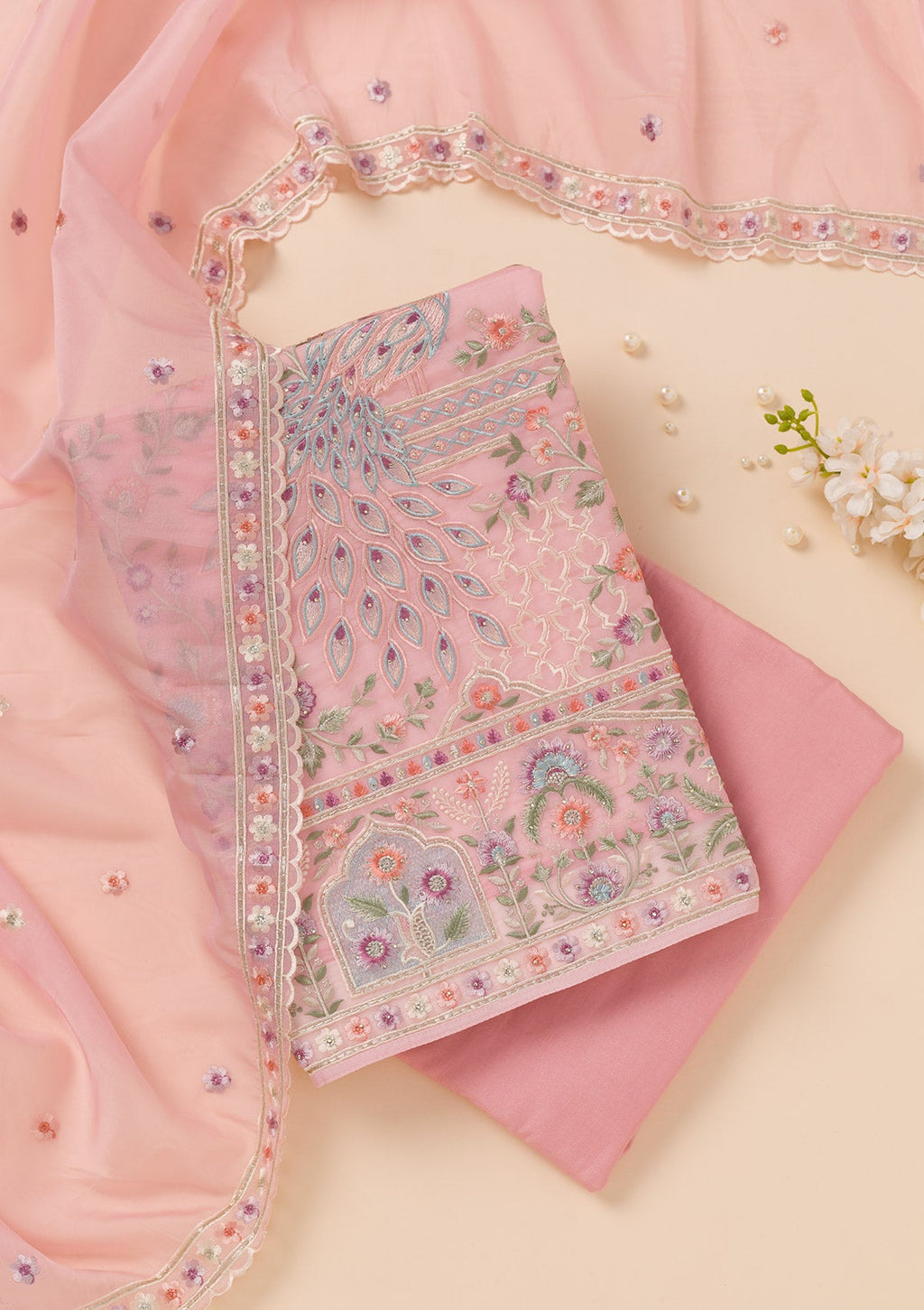 Pink Zariwork Organza Unstitched Salwar Suit