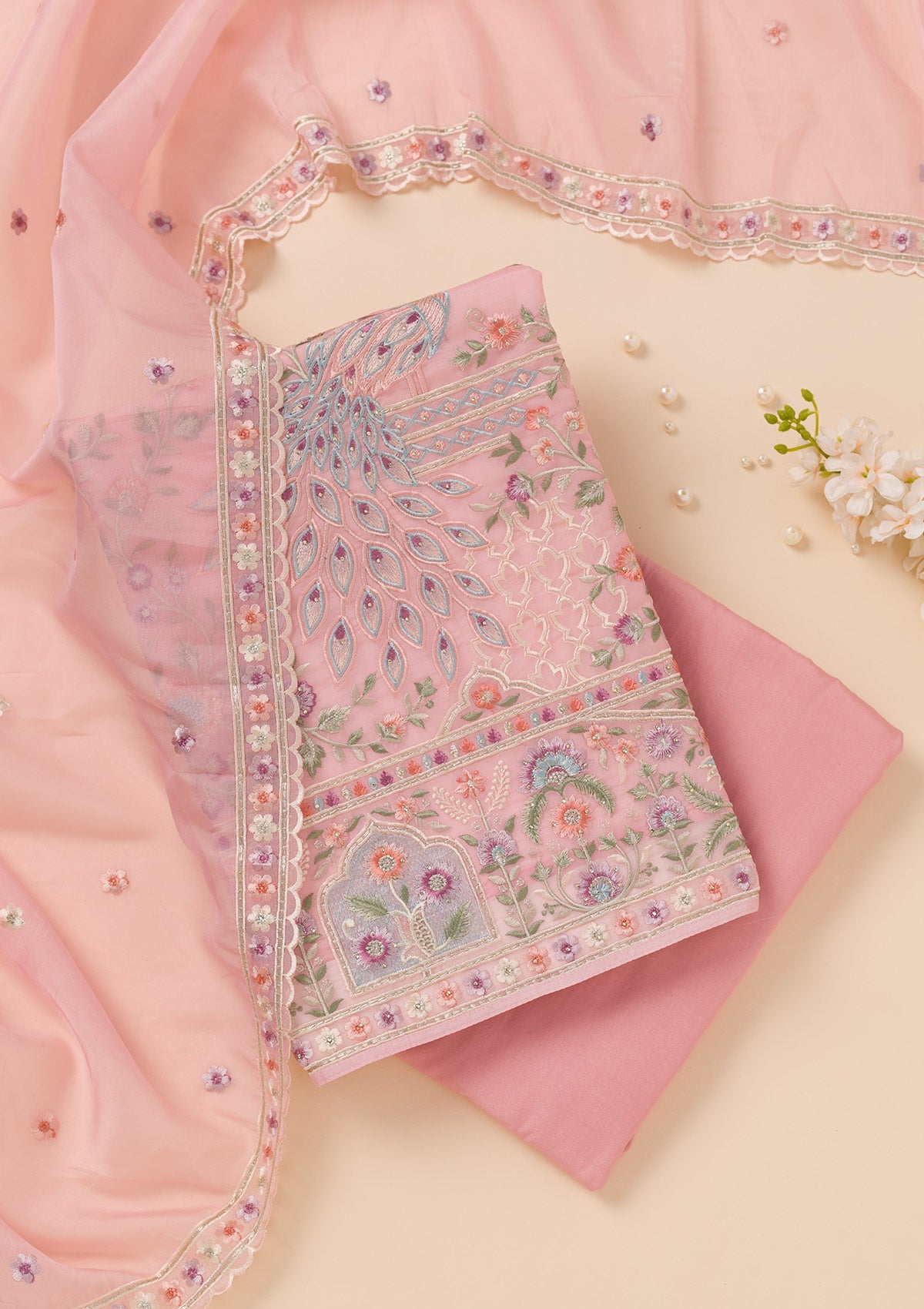 Pink Zariwork Organza Unstitched Salwar Suit
