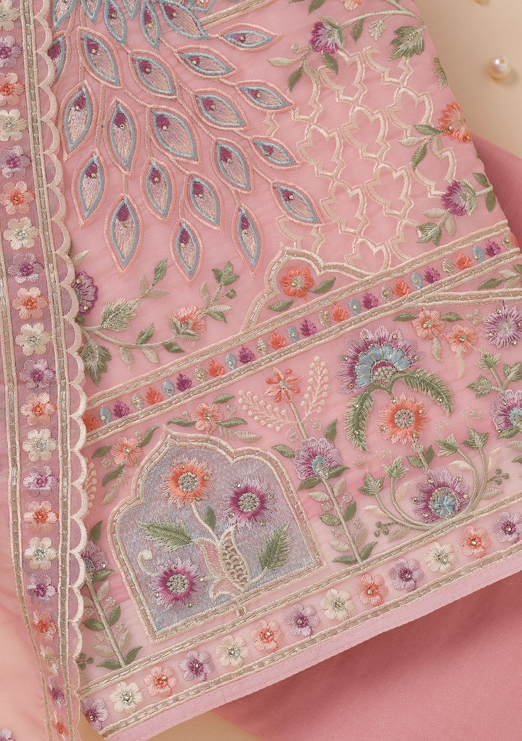 Pink Zariwork Organza Unstitched Salwar Suit