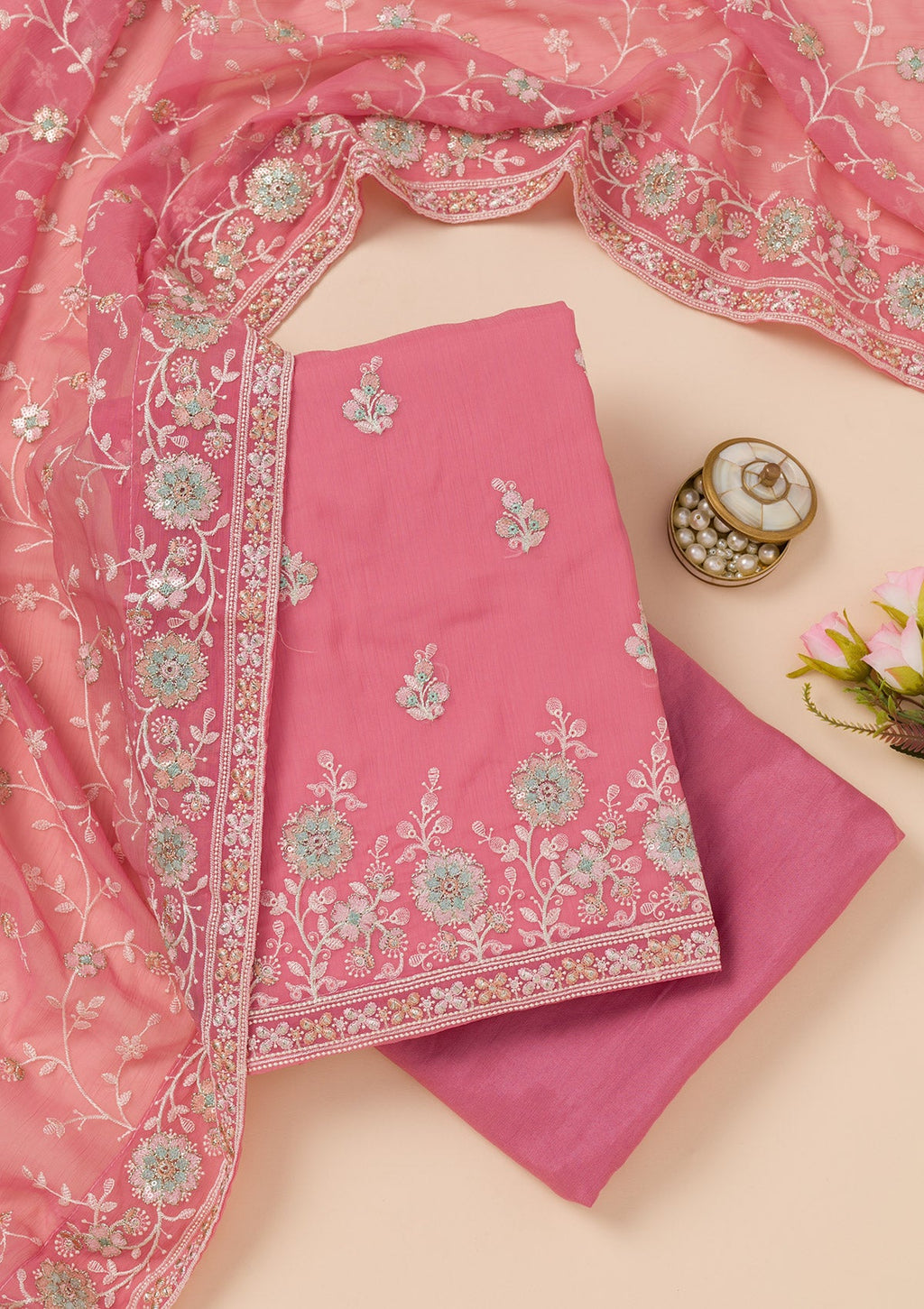 Pink Zariwork Organza Unstitched Salwar Suit