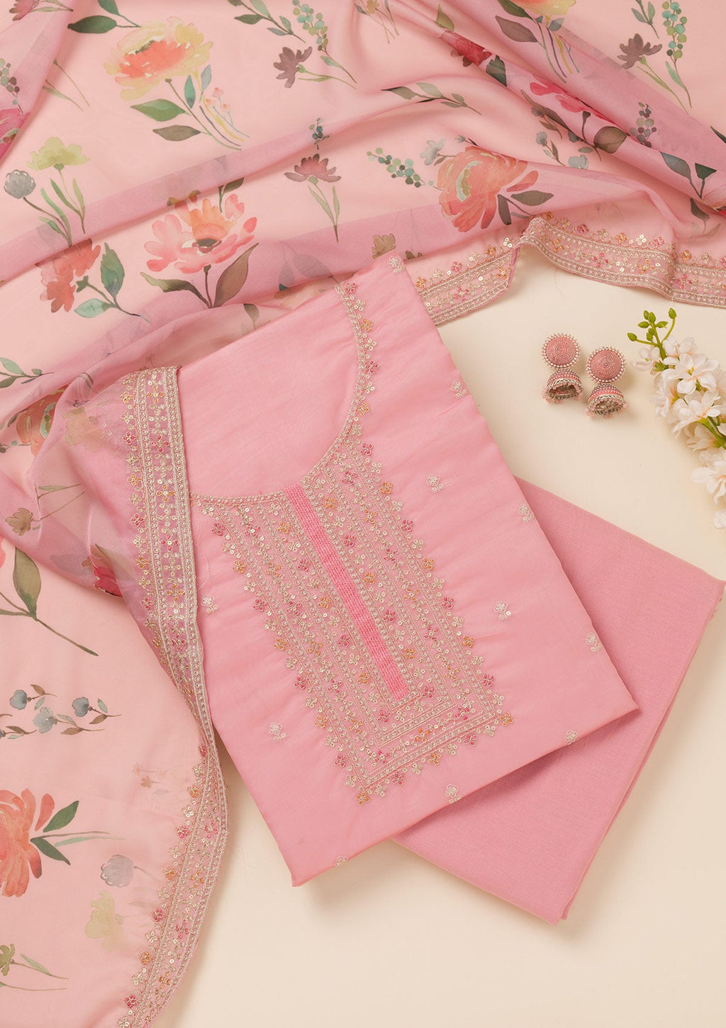 Pink Zariwork Organza Unstitched Salwar Suit