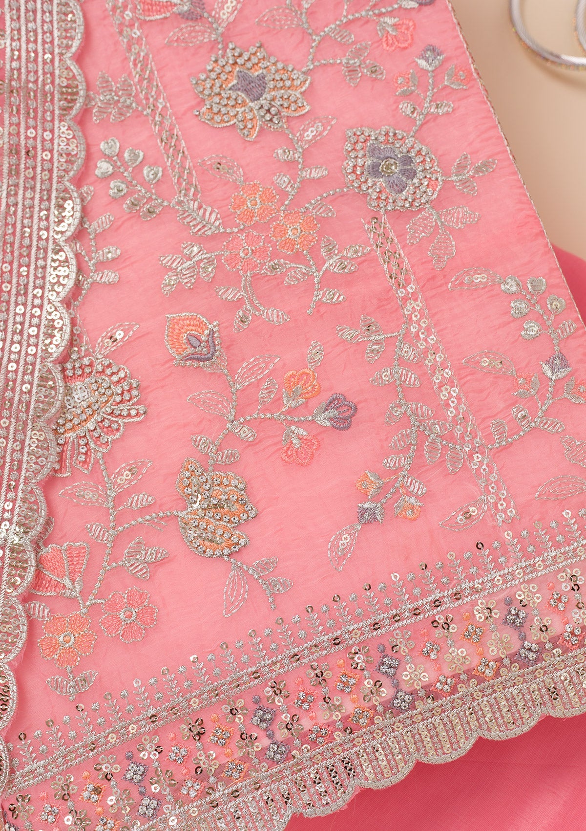 Pink Zariwork Organza Unstitched Salwar Suit