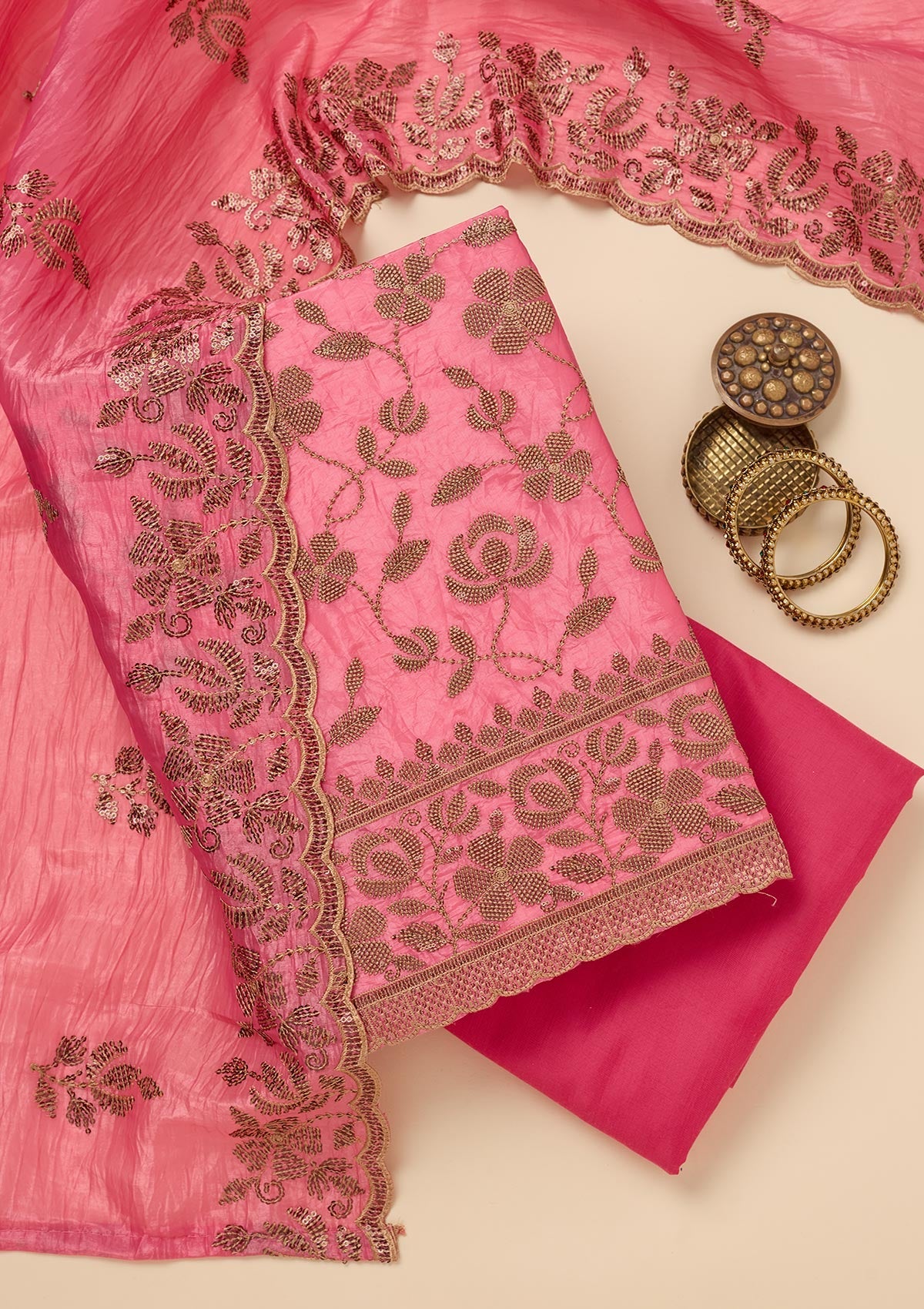 Pink Zariwork Raw Silk Unstitched Salwar Suit