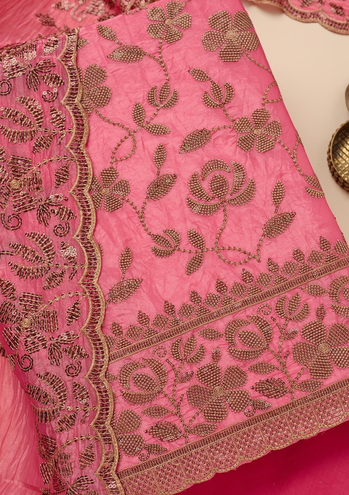 Pink Zariwork Raw Silk Unstitched Salwar Suit