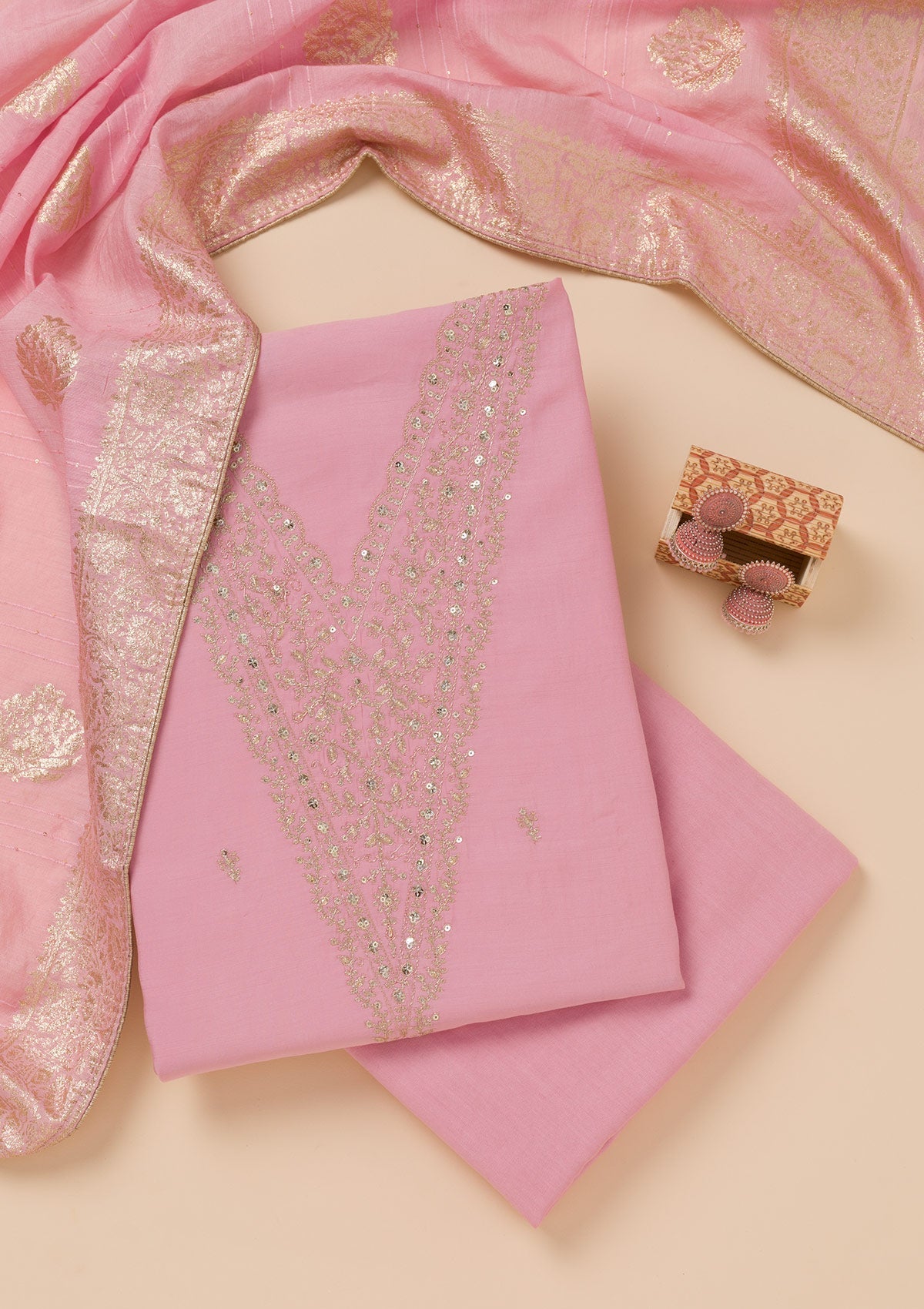 Pink Zariwork Semi Crepe Unstitched Salwar Suit