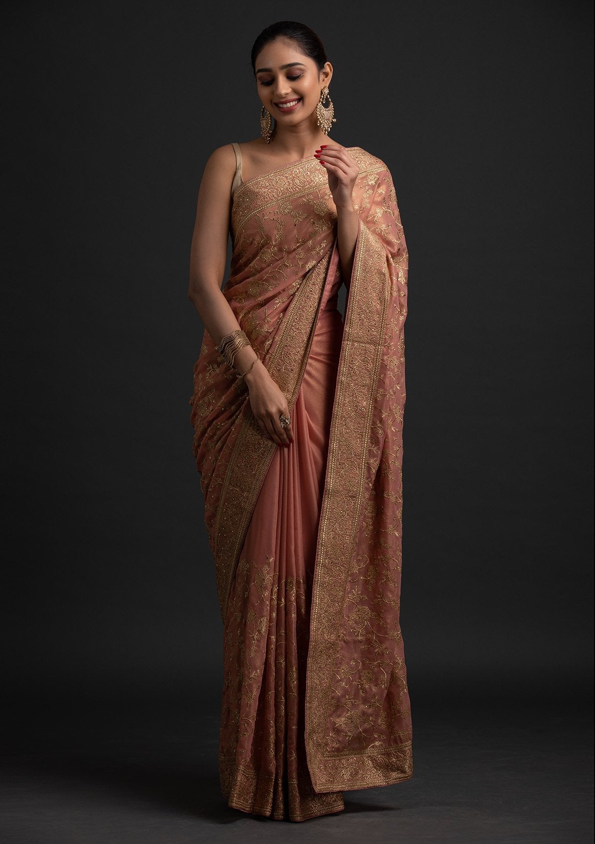 Peach Zariwork Shimmer Designer Saree