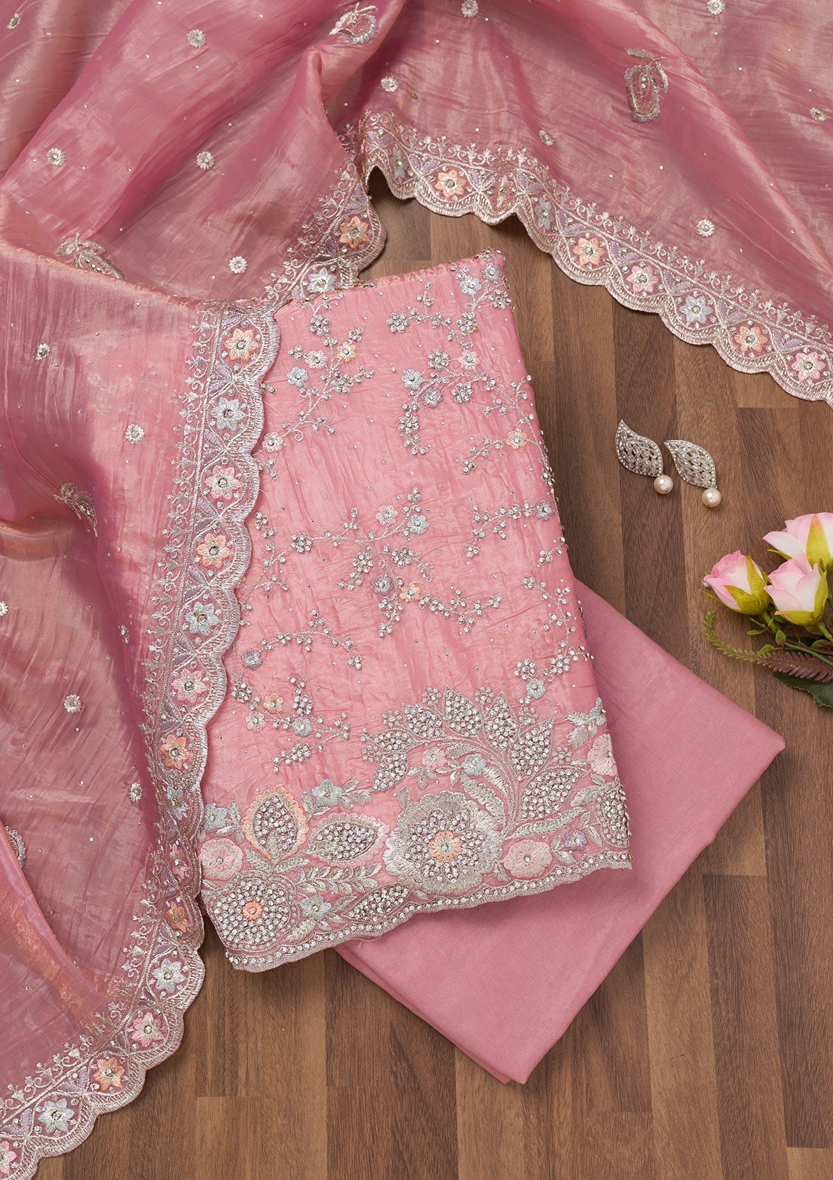Pink Zariwork Tissue Unstitched Salwar Suit