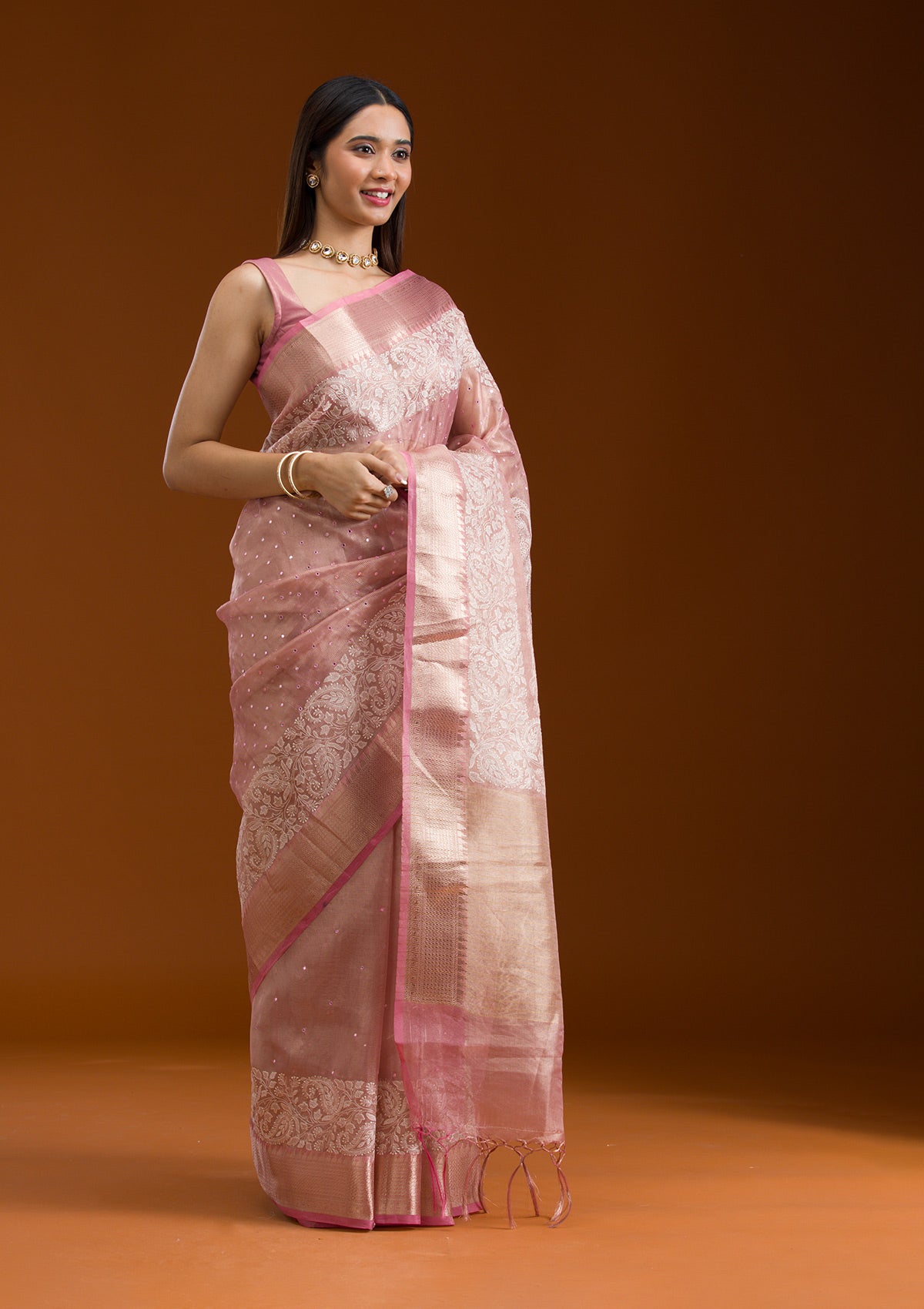 Pink Zariwork Tissue Saree