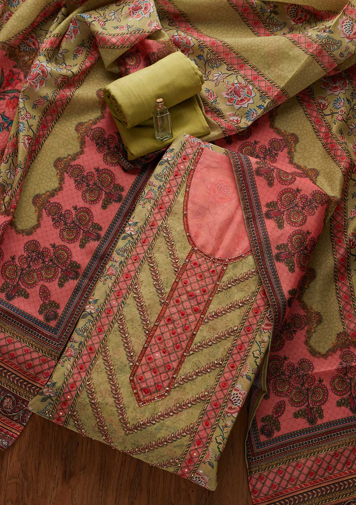 Pista Green Cutdana Chanderi Unstitched Salwar Suit