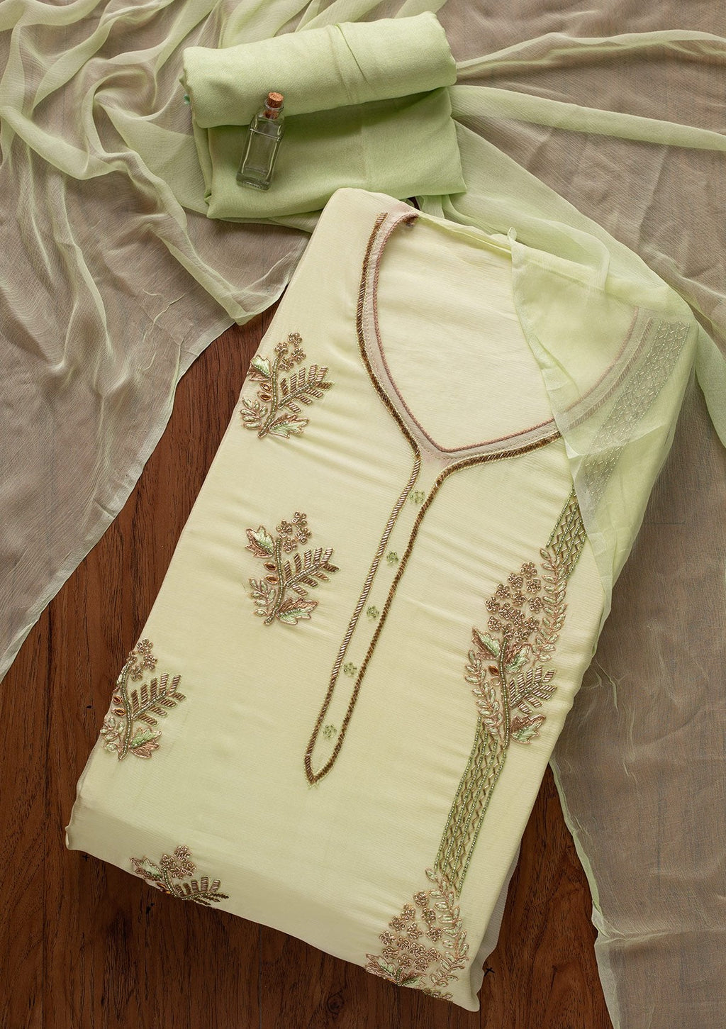 Pista Green Cutdana Semi Crepe Unstitched Salwar Suit