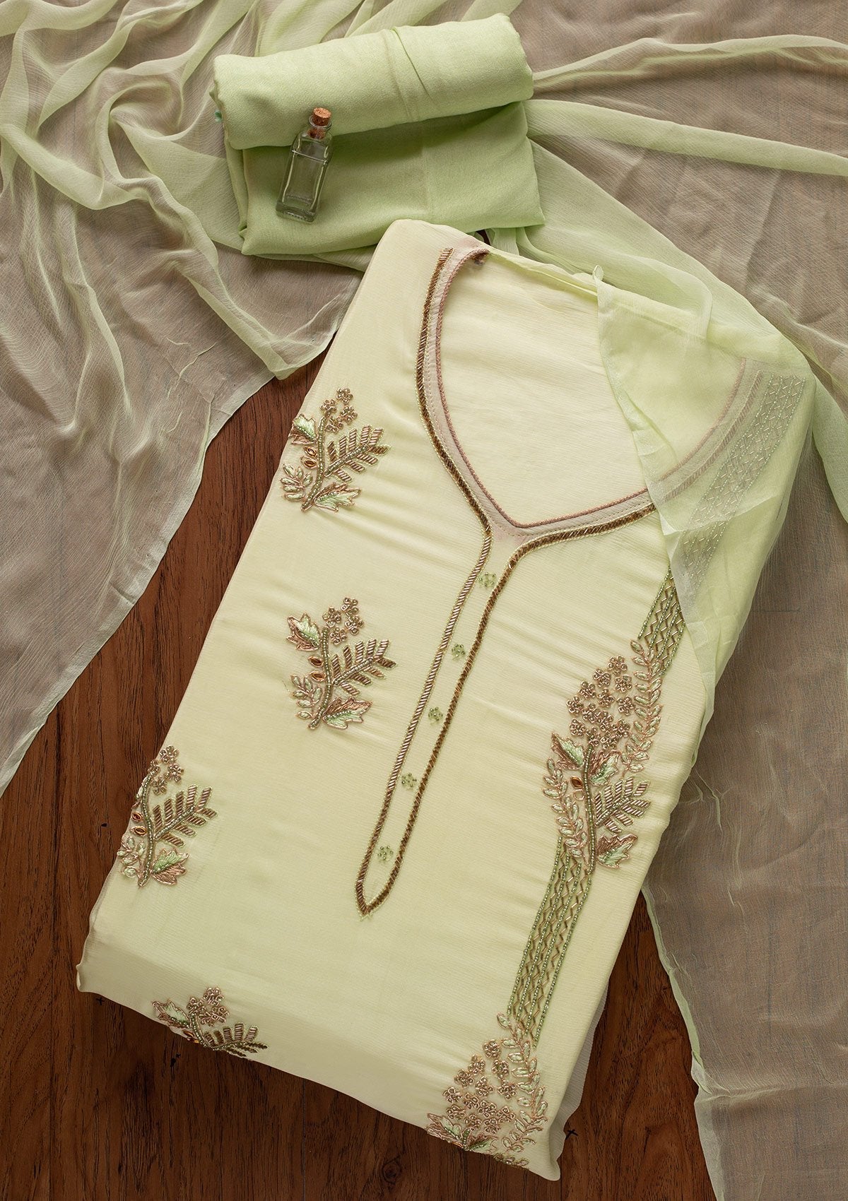 Pista Green Cutdana Semi Crepe Unstitched Salwar Suit