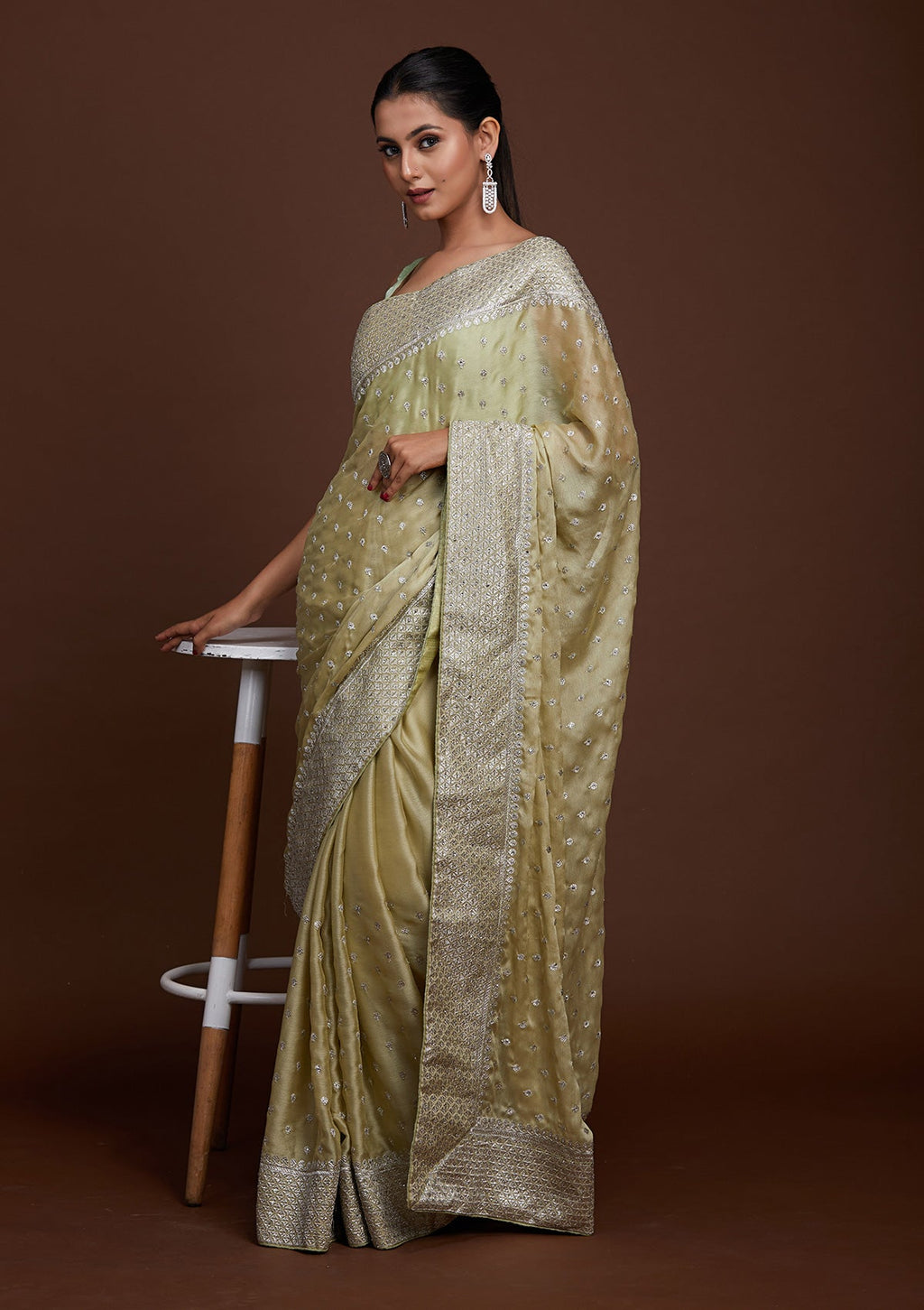 Pista Green Zariwork Semi Crepe Designer Saree