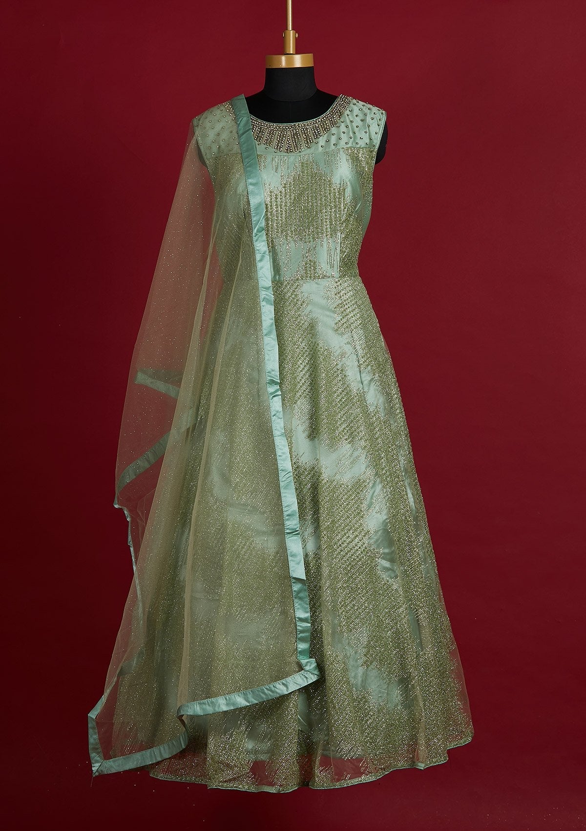 Pista Green Glitter Net Designer Gown