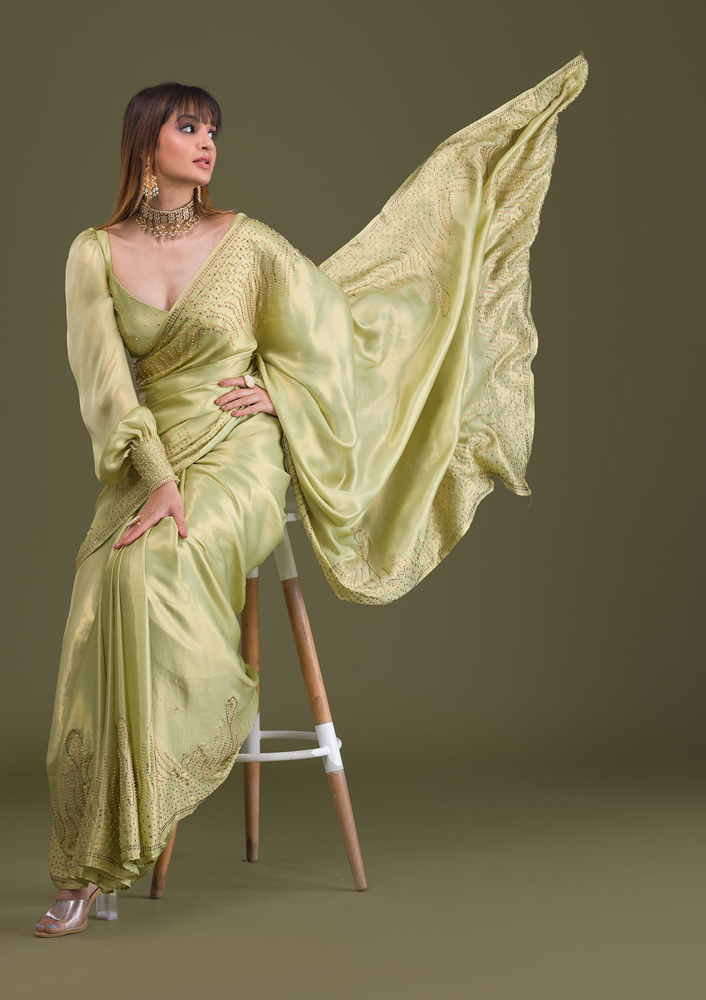 Pista Green Stonework Satin Designer Saree