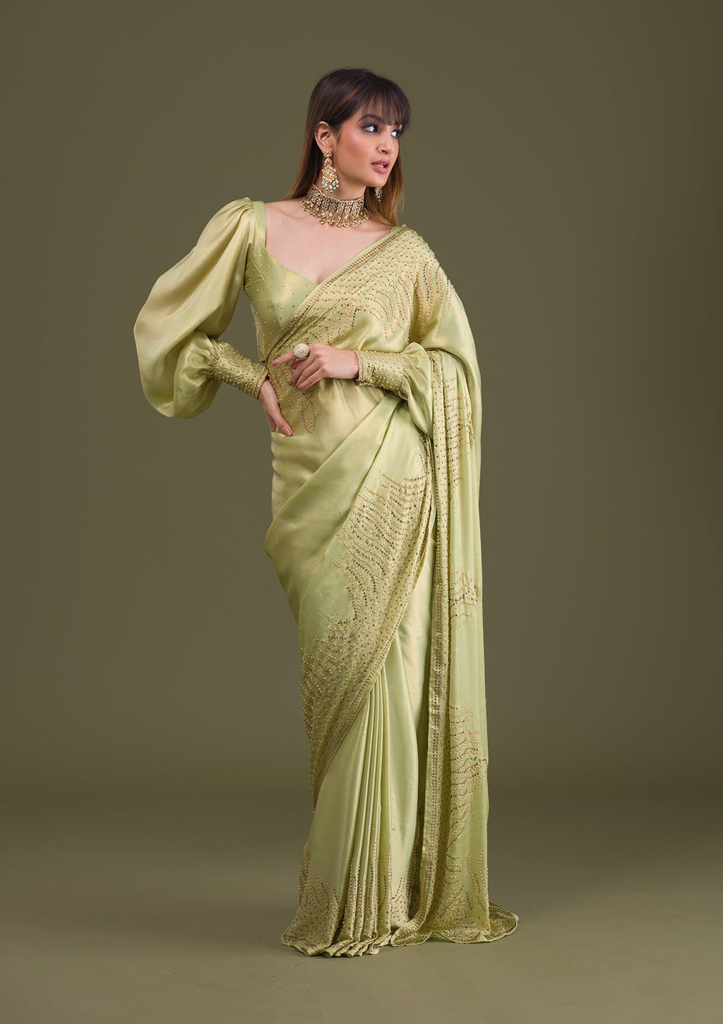 Pista Green Stonework Satin Designer Saree