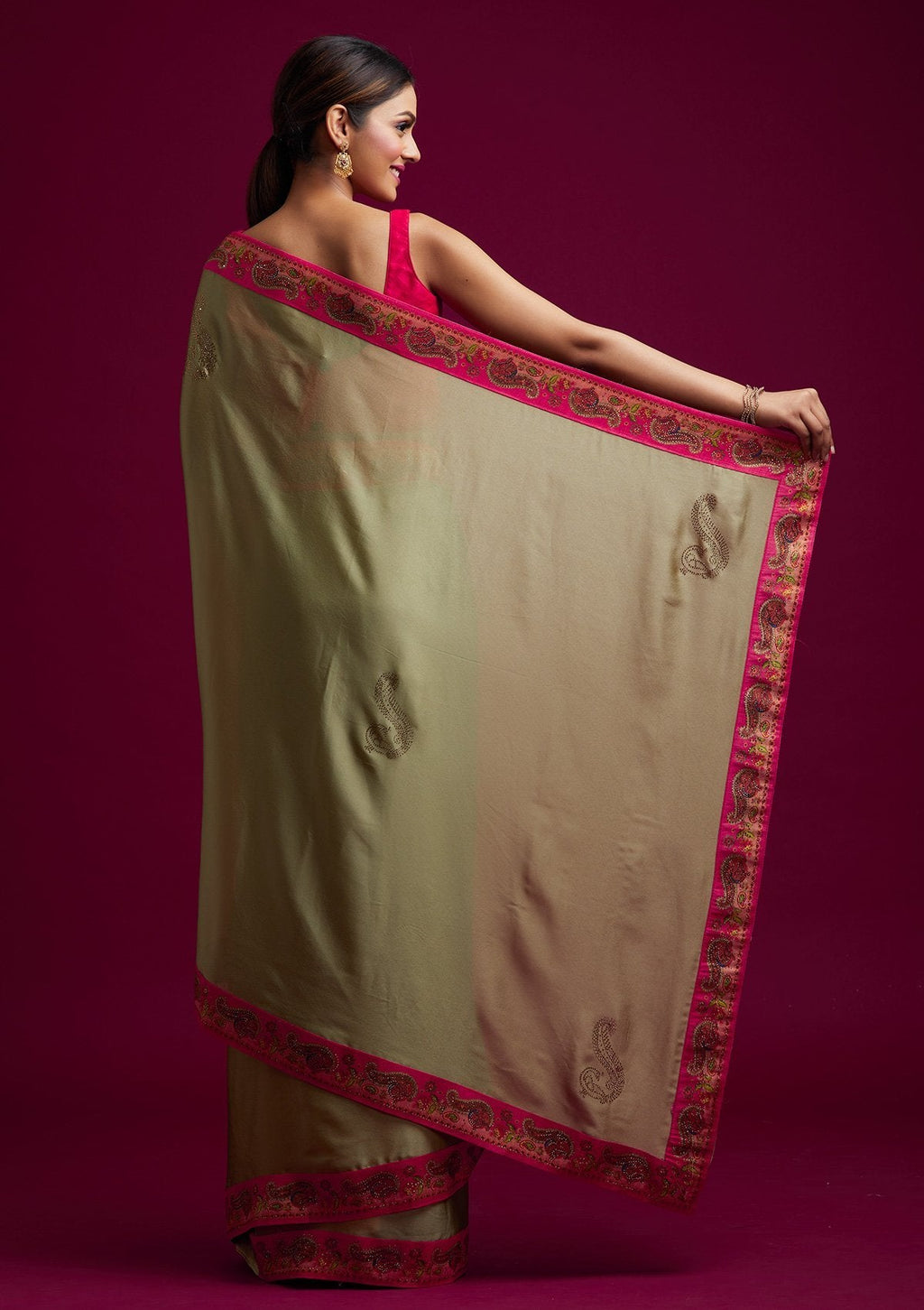 Pista Green Swarovski Semi Crepe Designer Saree