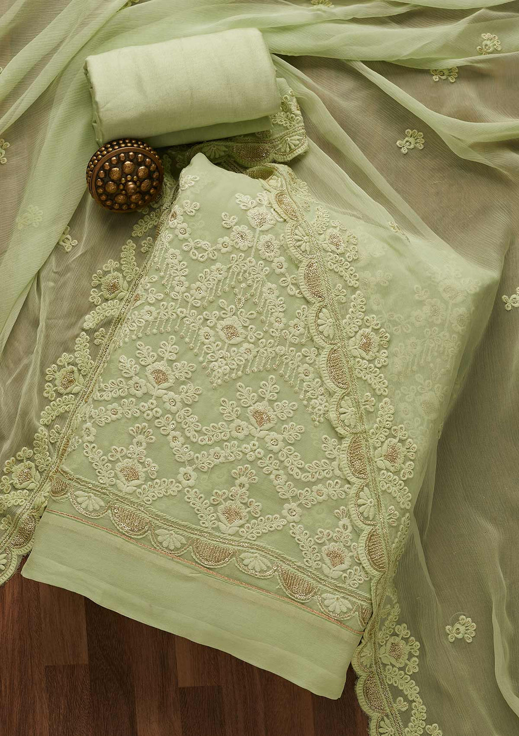 Pista Green Threadwork Georgette Unstitched Salwar Suit