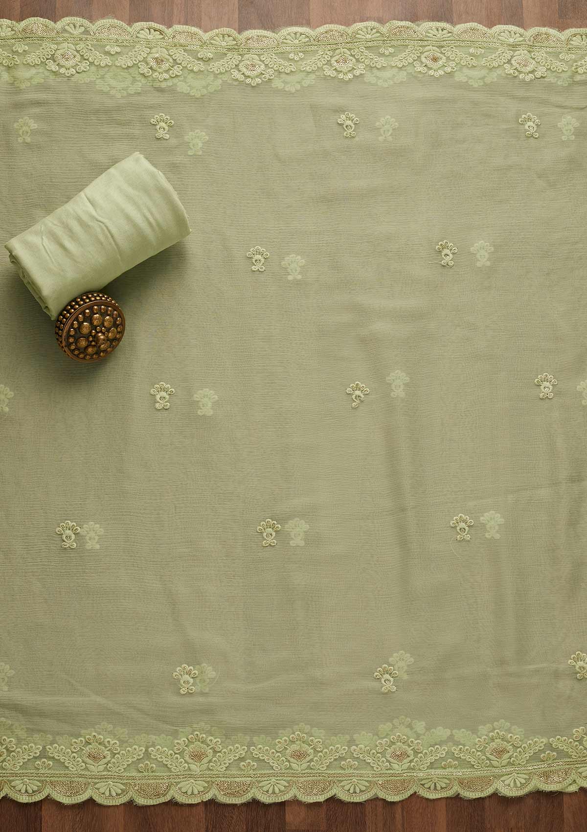 Pista Green Threadwork Georgette Unstitched Salwar Suit