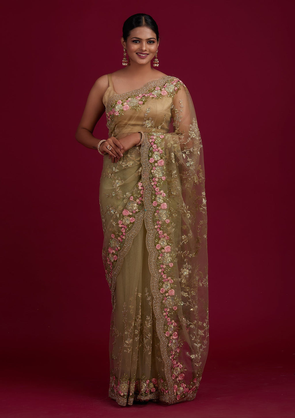 Pista Green Threadwork Net Designer Saree
