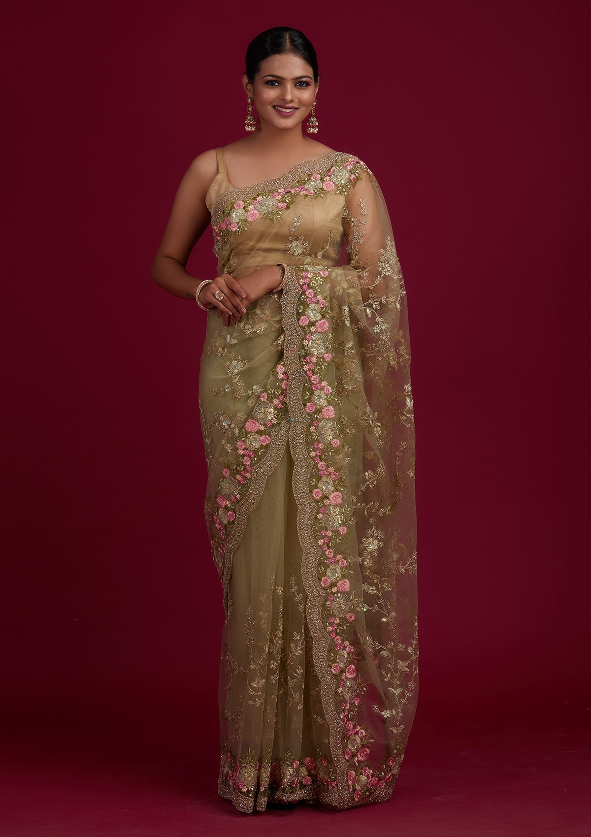 Pista Green Threadwork Net Designer Saree