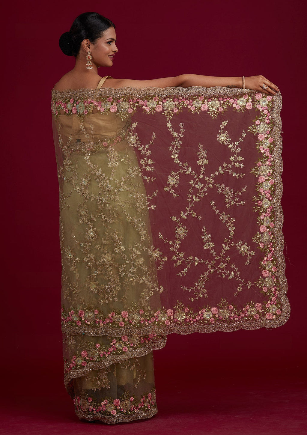 Pista Green Threadwork Net Designer Saree