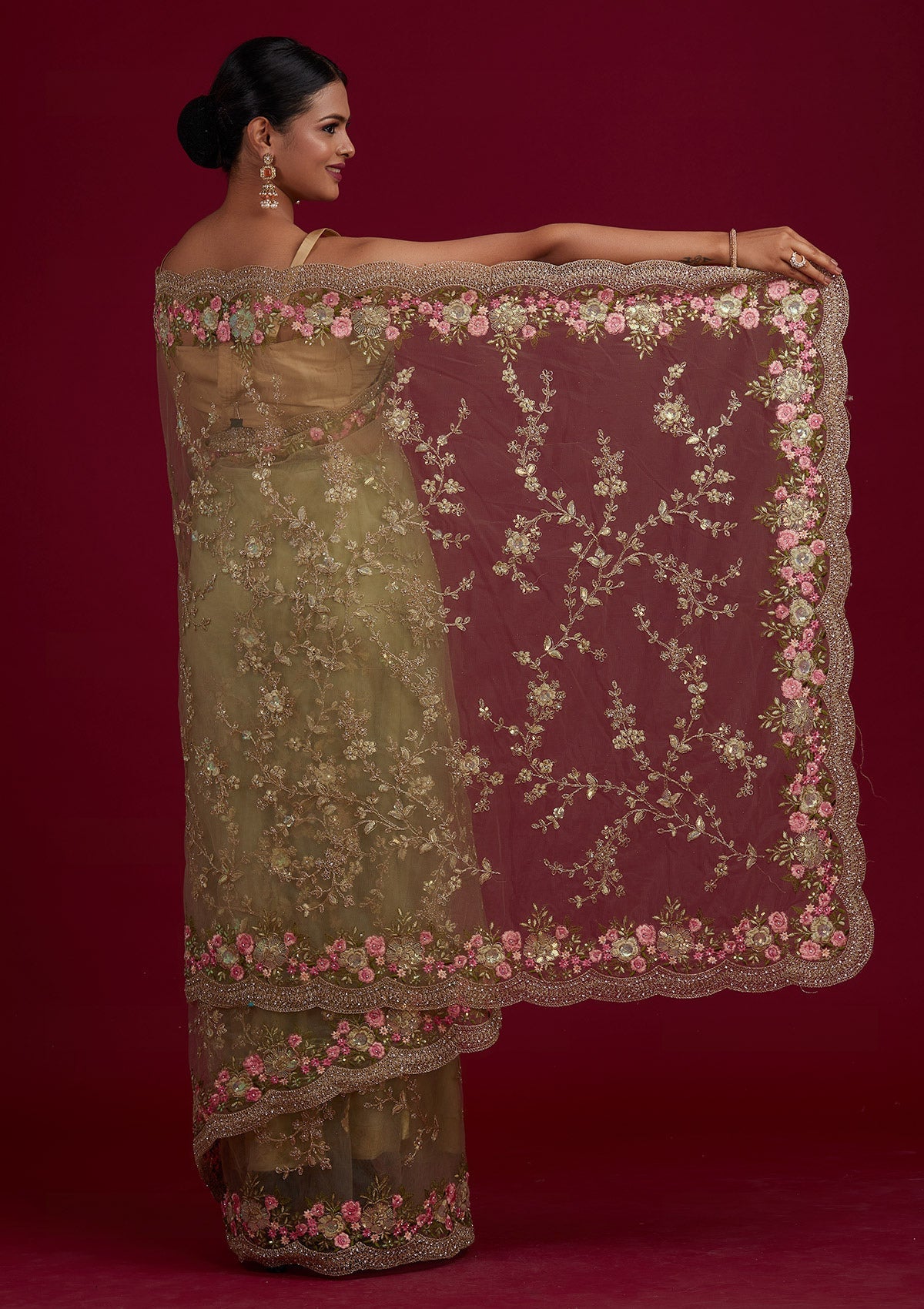 Pista Green Threadwork Net Designer Saree