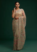 Pista Green Threadwork Net Designer Saree