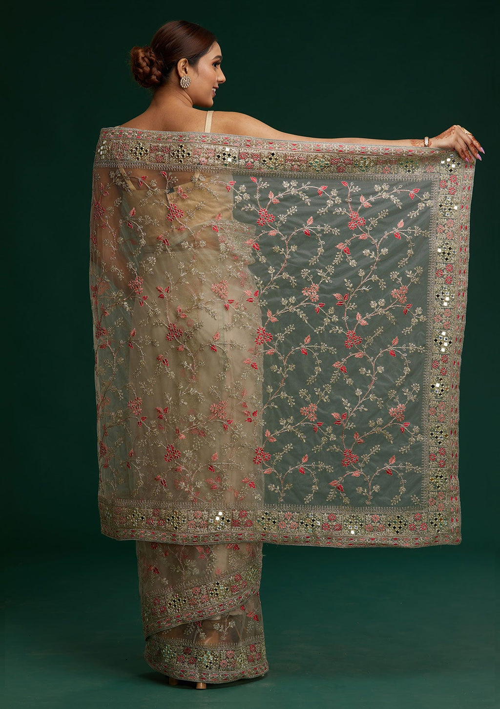 Pista Green Threadwork Net Designer Saree