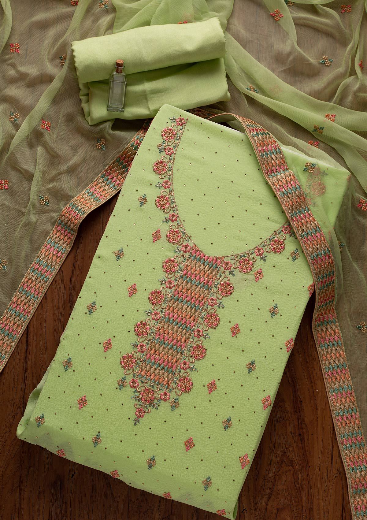 Pista Green Threadwork Semi Crepe Semi-Stitched Salwar Suit