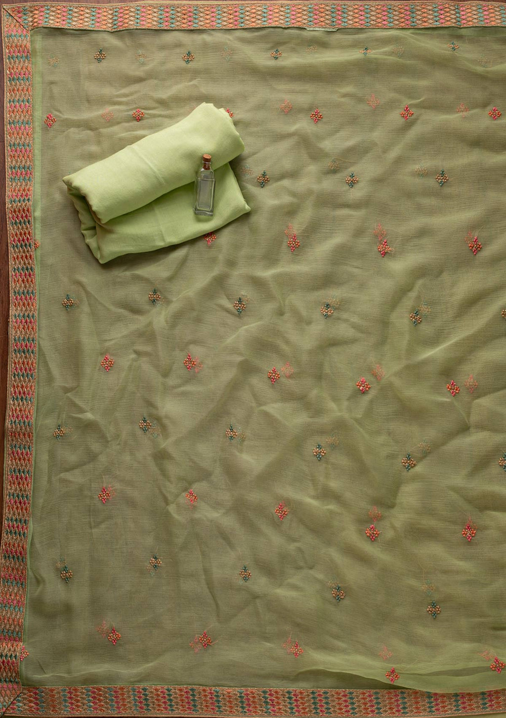 Pista Green Threadwork Semi Crepe Semi-Stitched Salwar Suit