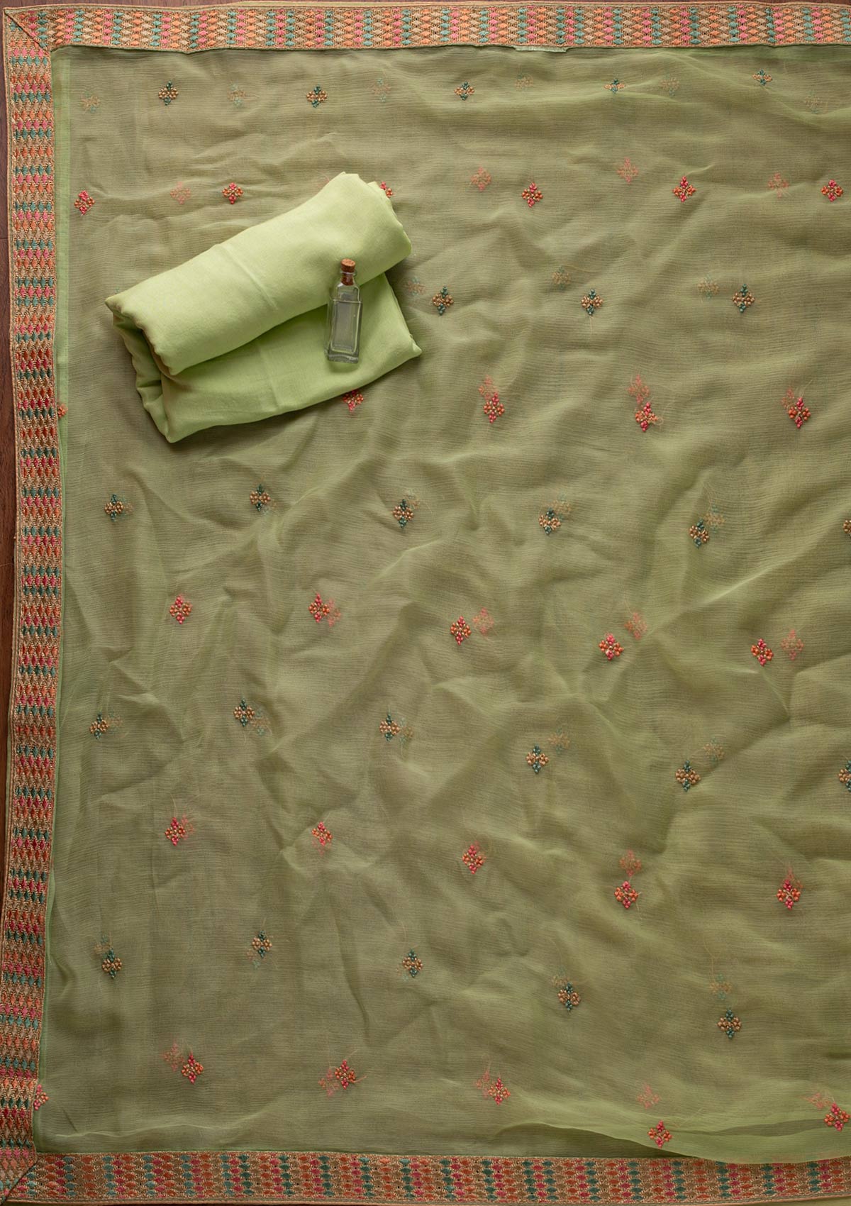 Pista Green Threadwork Semi Crepe Semi-Stitched Salwar Suit