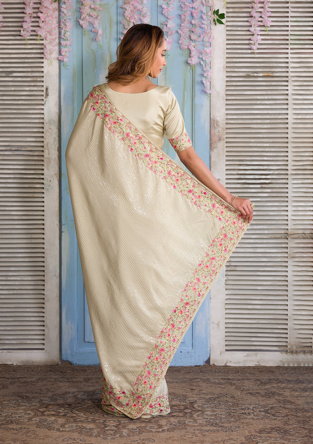 Pista Green Threadwork Semi Crepe Designer Saree
