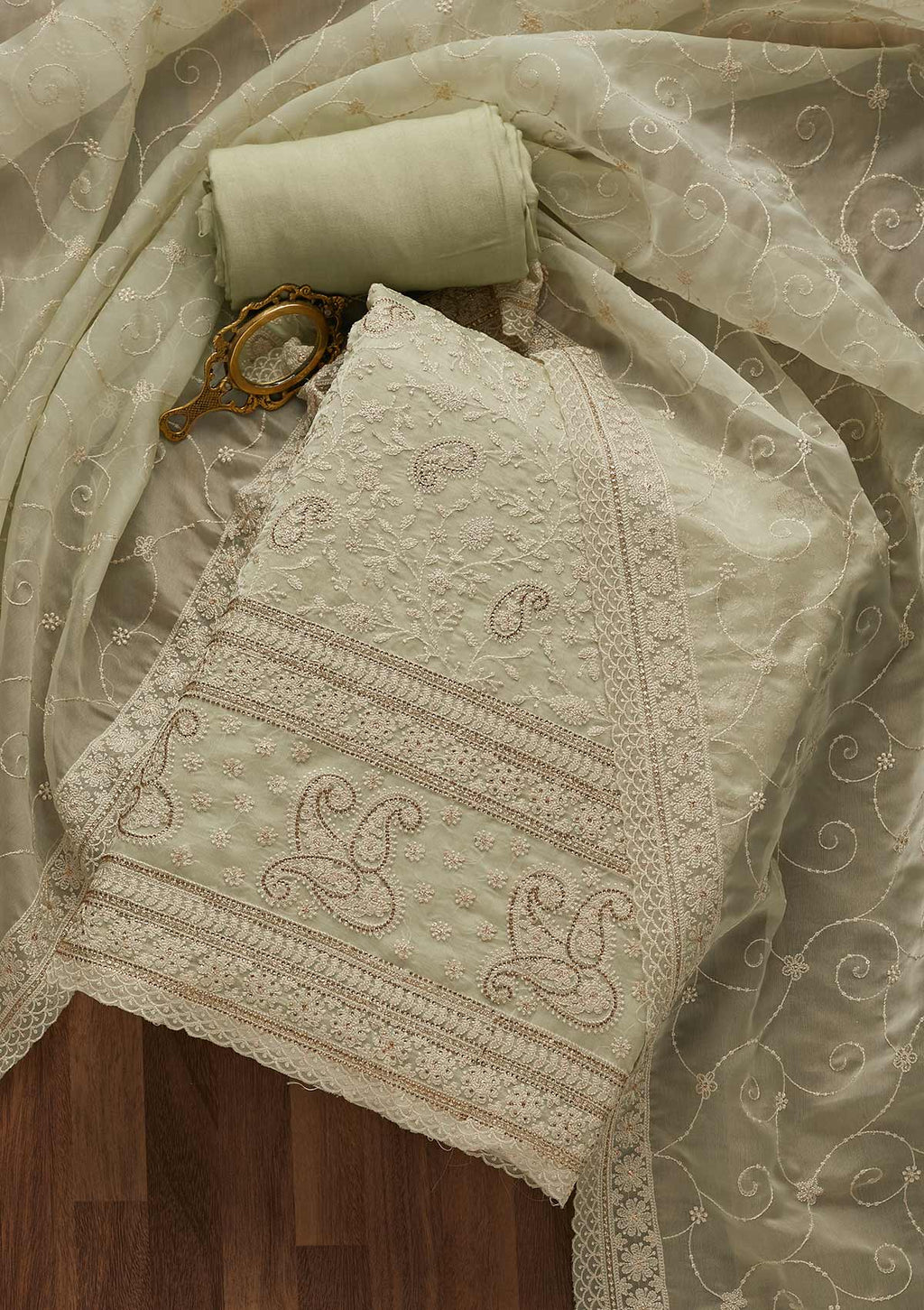 Pista Green Threadwork Tissue Unstitched Salwar Suit