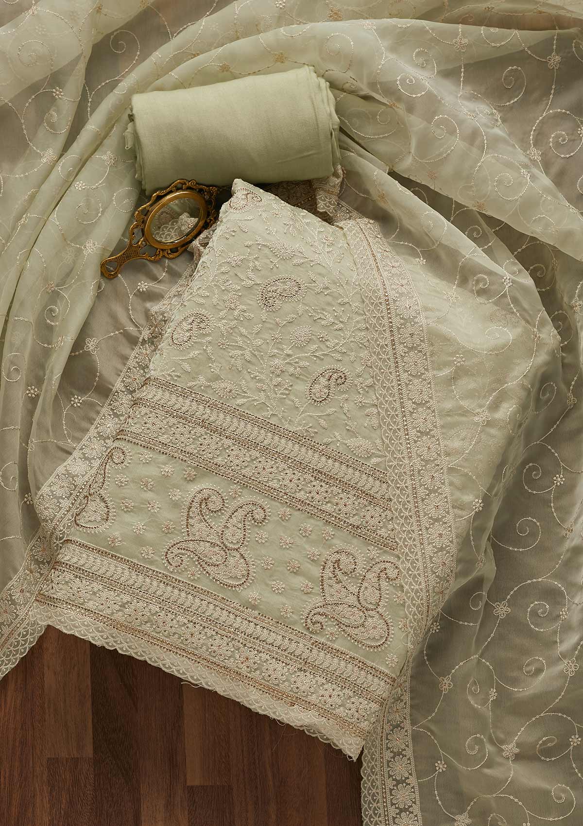 Pista Green Threadwork Tissue Unstitched Salwar Suit