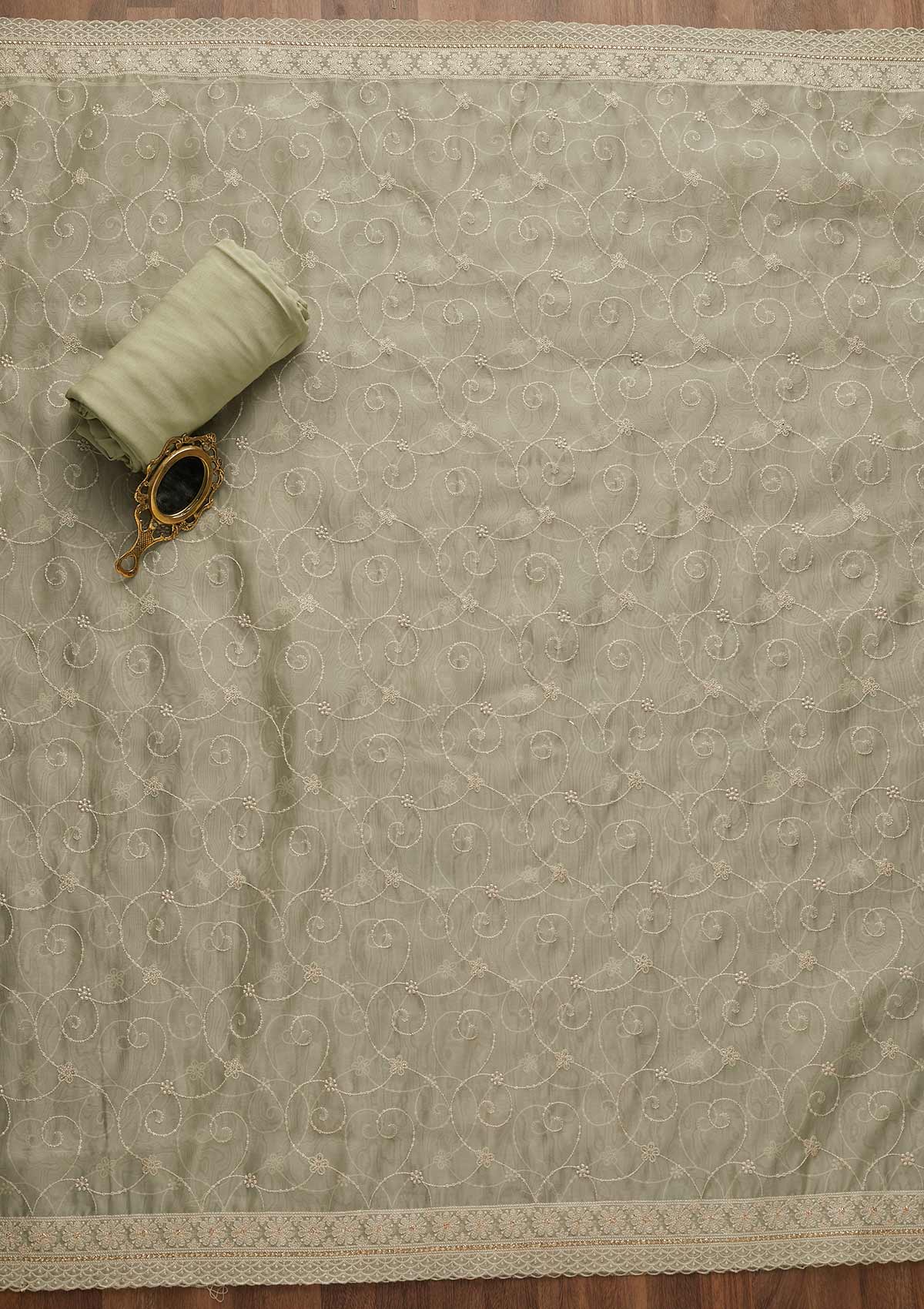 Pista Green Threadwork Tissue Unstitched Salwar Suit