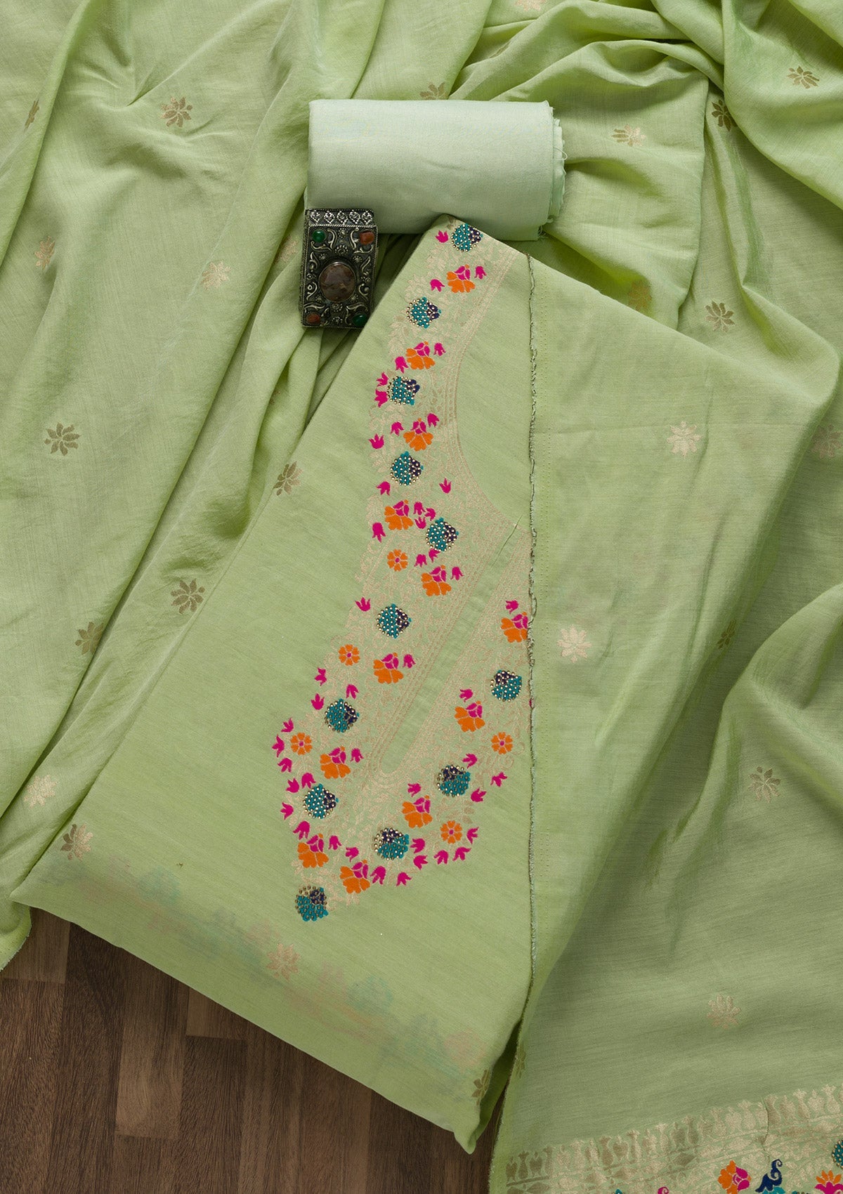 Pista Green Zariwork Cotton Unstitched Salwar Suit
