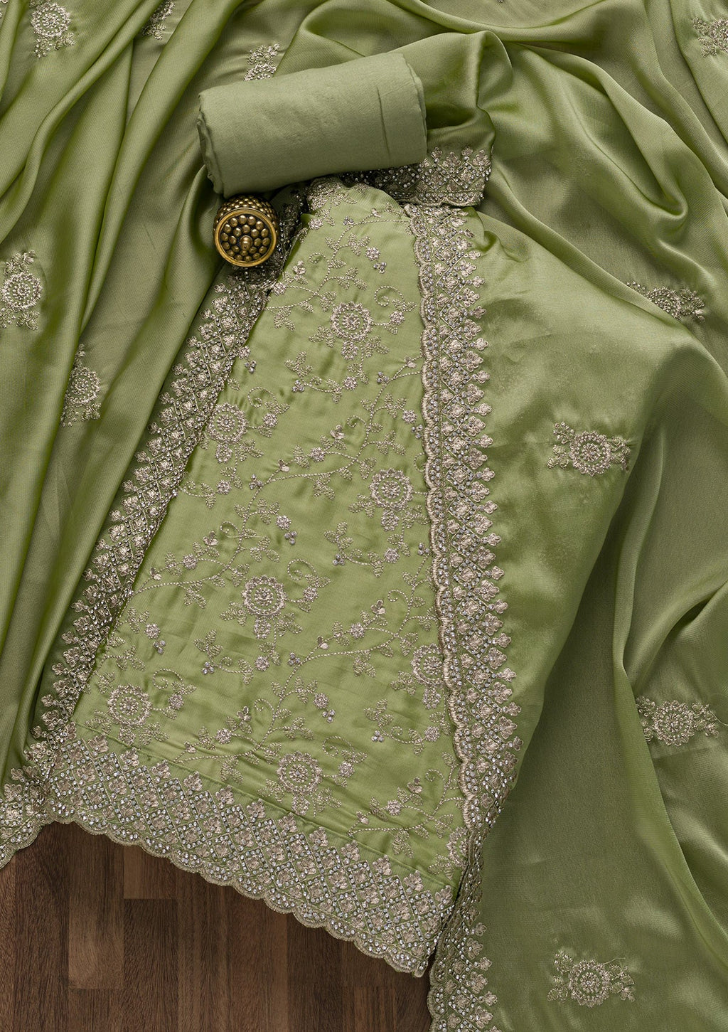 Pista Green Zariwork Art Silk Unstitched Salwar Suit
