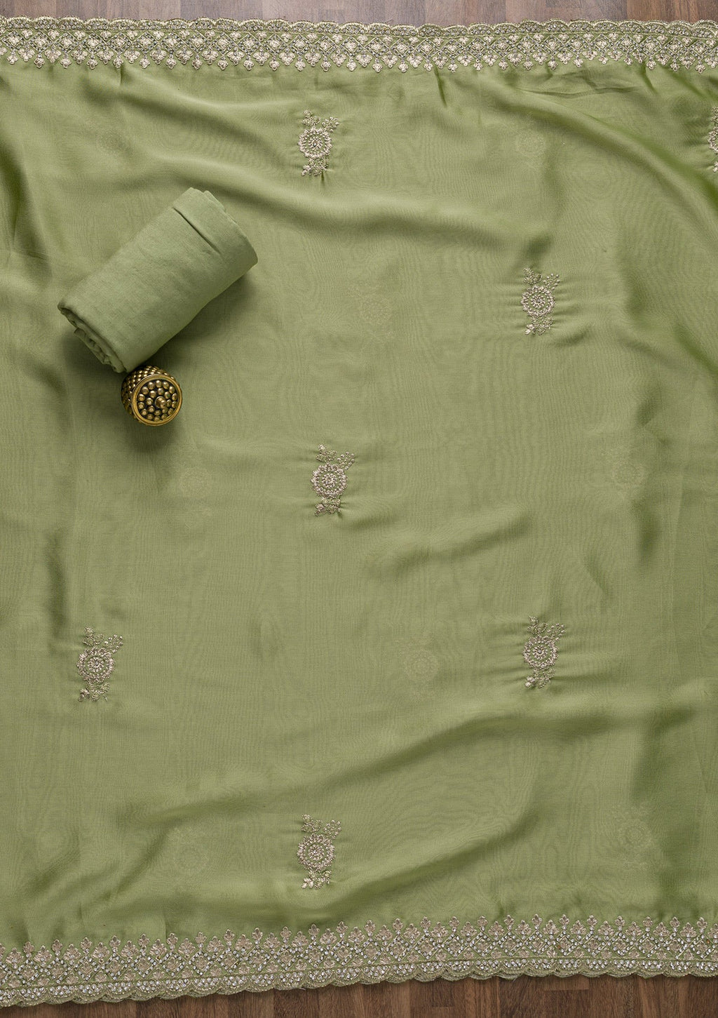 Pista Green Zariwork Art Silk Unstitched Salwar Suit