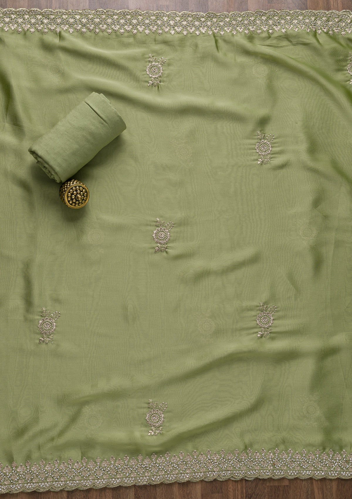 Pista Green Zariwork Art Silk Unstitched Salwar Suit