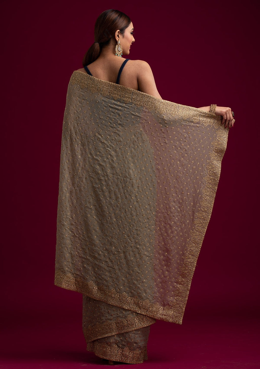 Light Brown Zariwork Shimmer Designer Saree