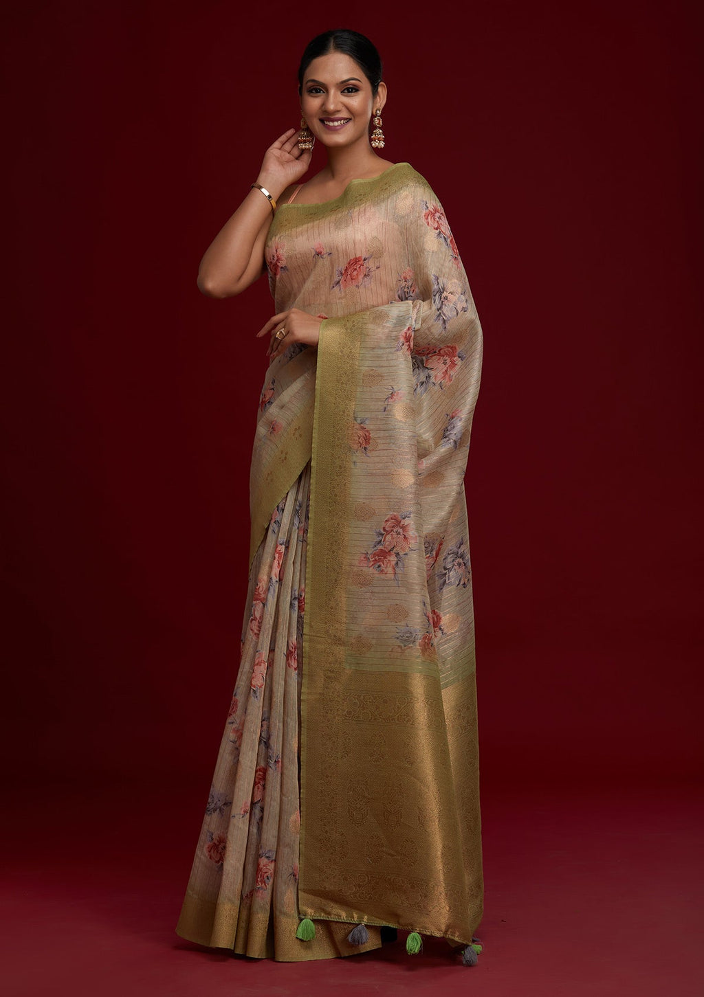Pista Green Zariwork Taffeta Silk Saree
