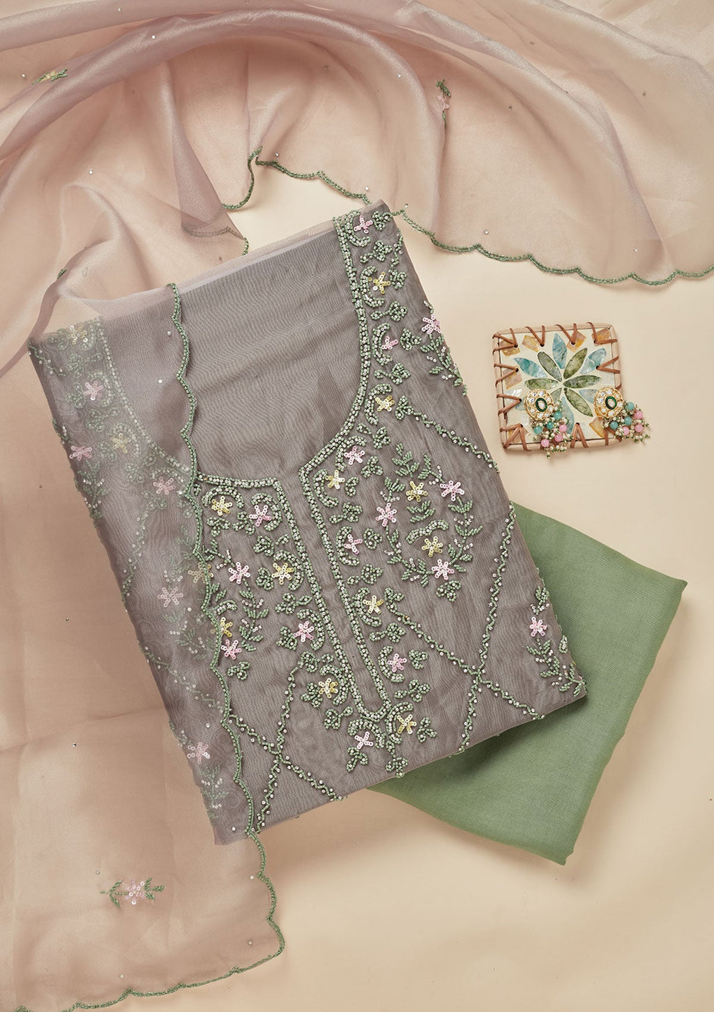 Pista Green Cutdana Georgette Unstitched Salwar Suit