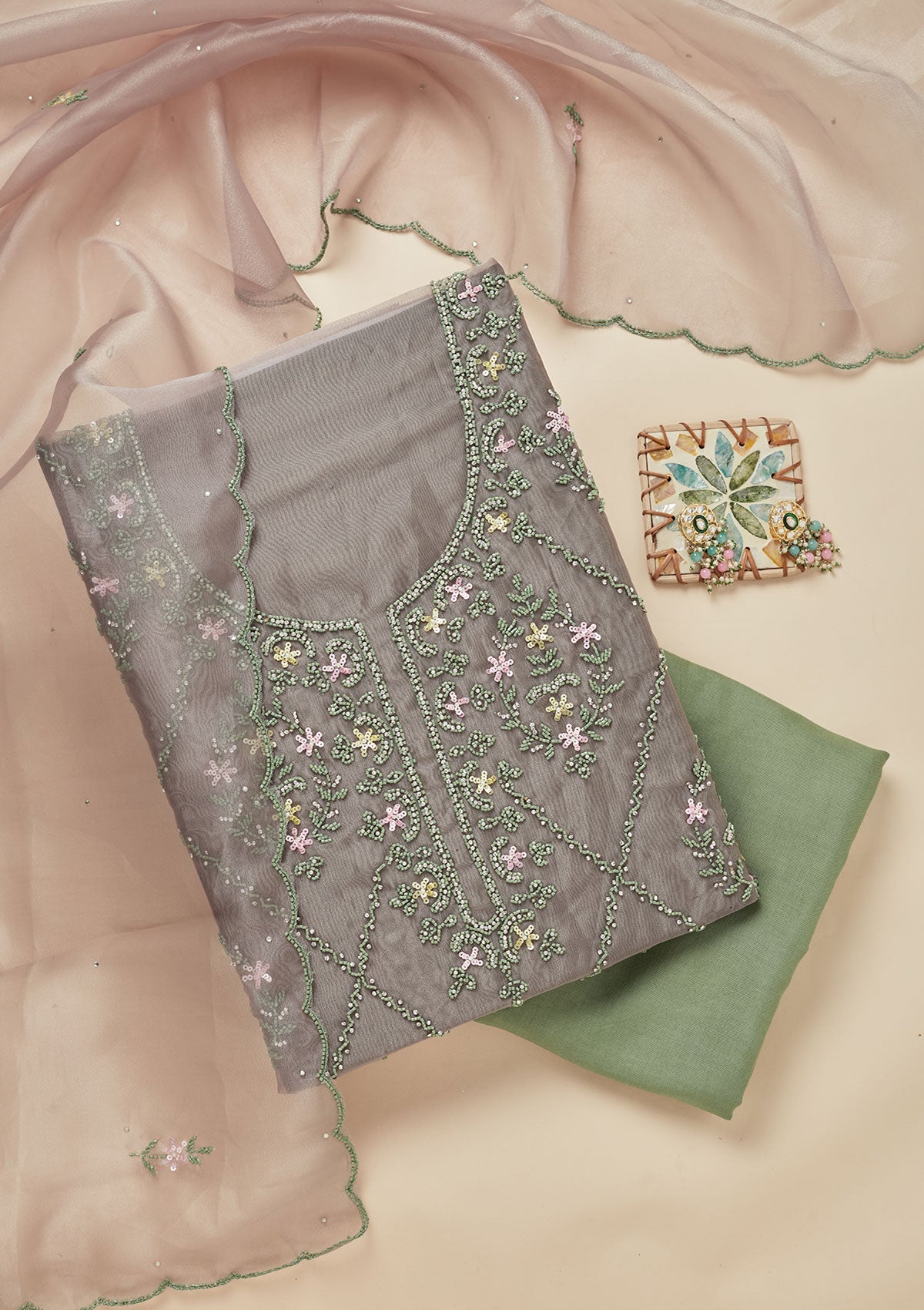Pista Green Cutdana Georgette Unstitched Salwar Suit