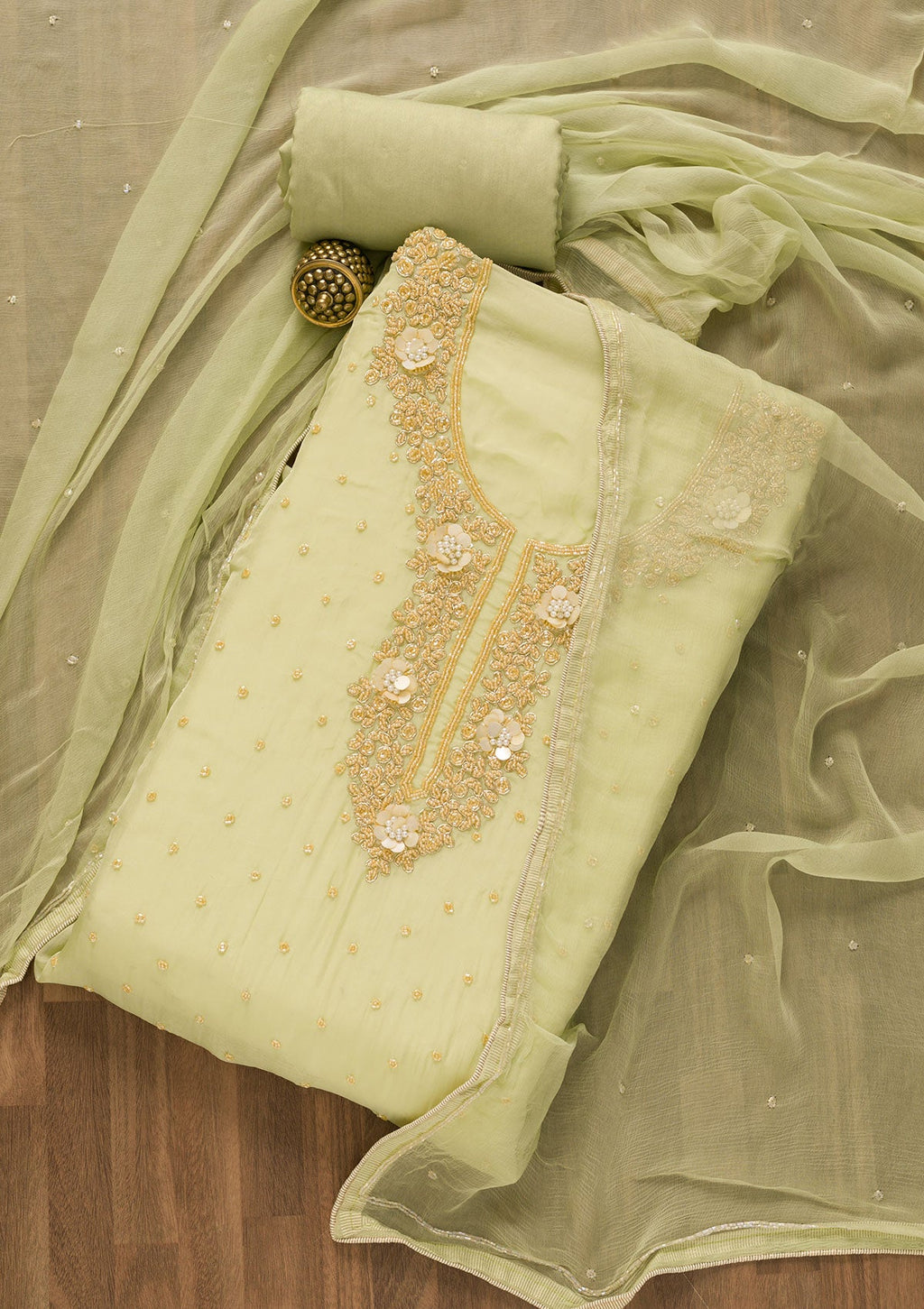 Pista Green Cutdana Tissue Unstitched Salwar Suit