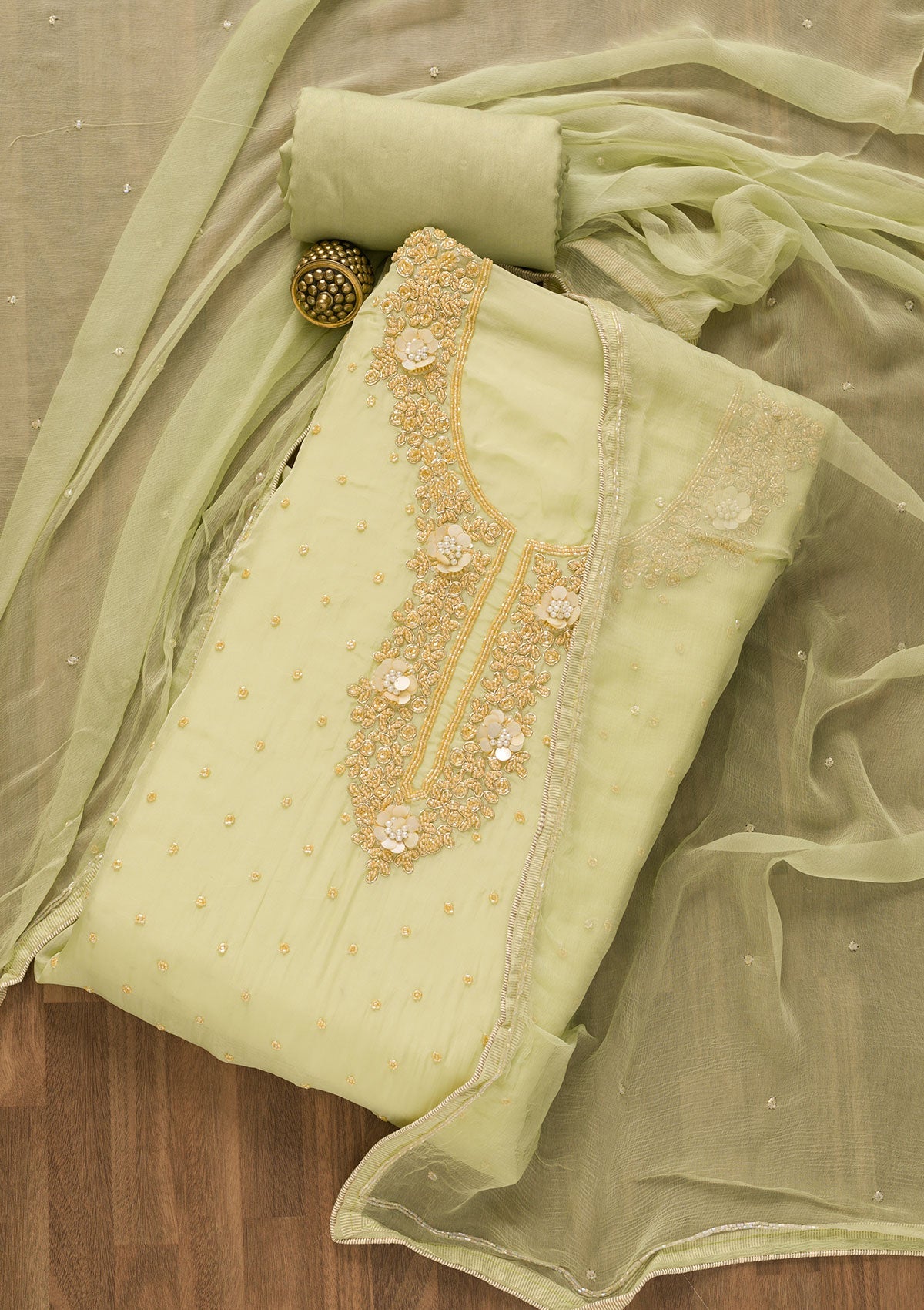 Pista Green Cutdana Tissue Unstitched Salwar Suit