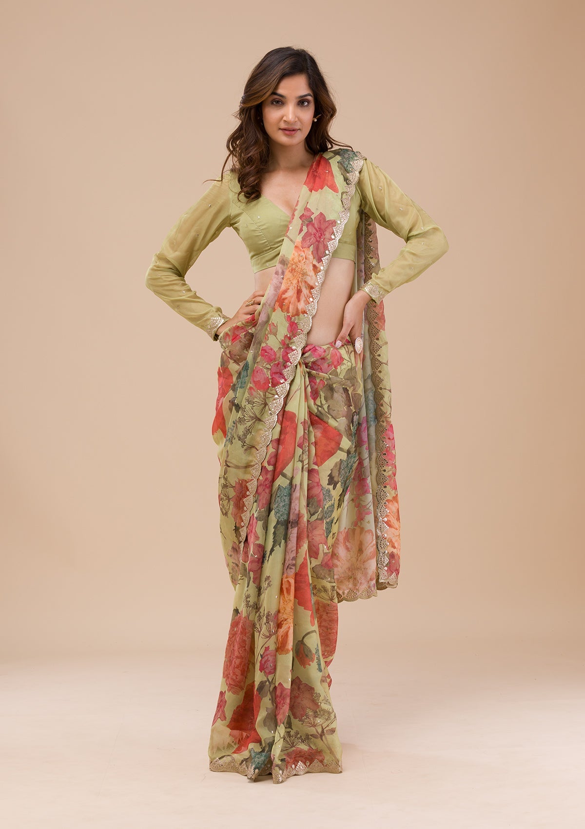 Pista Green Printed Organza Saree
