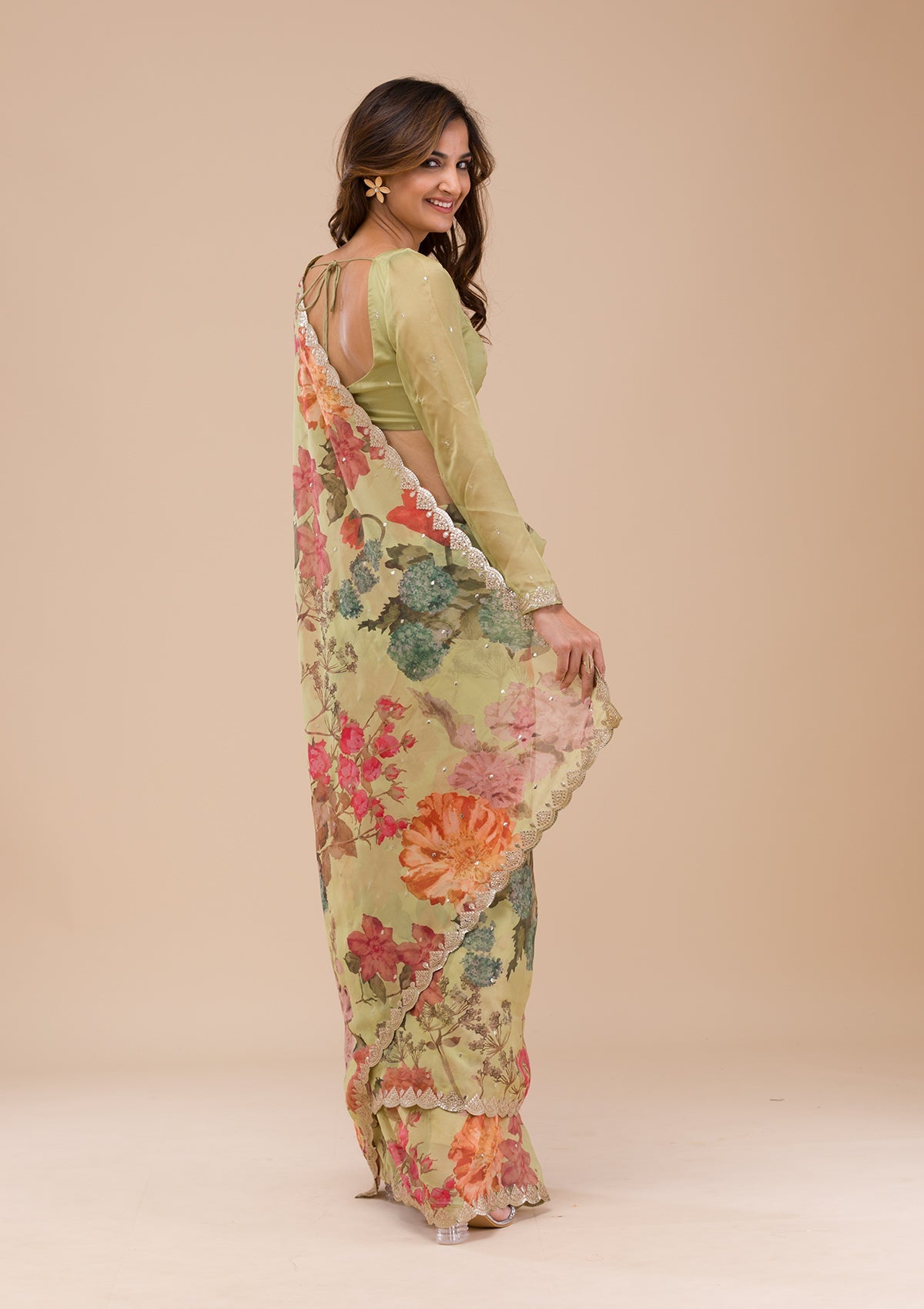 Pista Green Printed Organza Saree