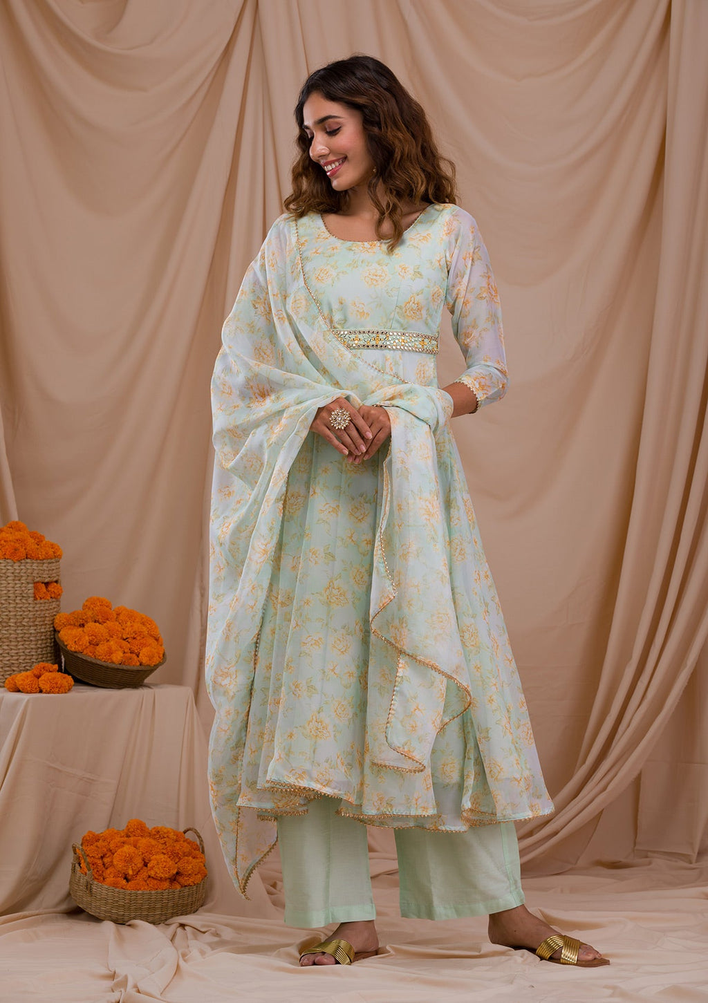 Pista Green Printed Tissue Readymade Anarkali Suit