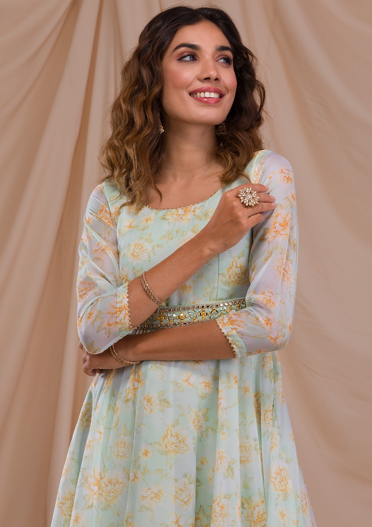 Pista Green Printed Tissue Readymade Anarkali Suit